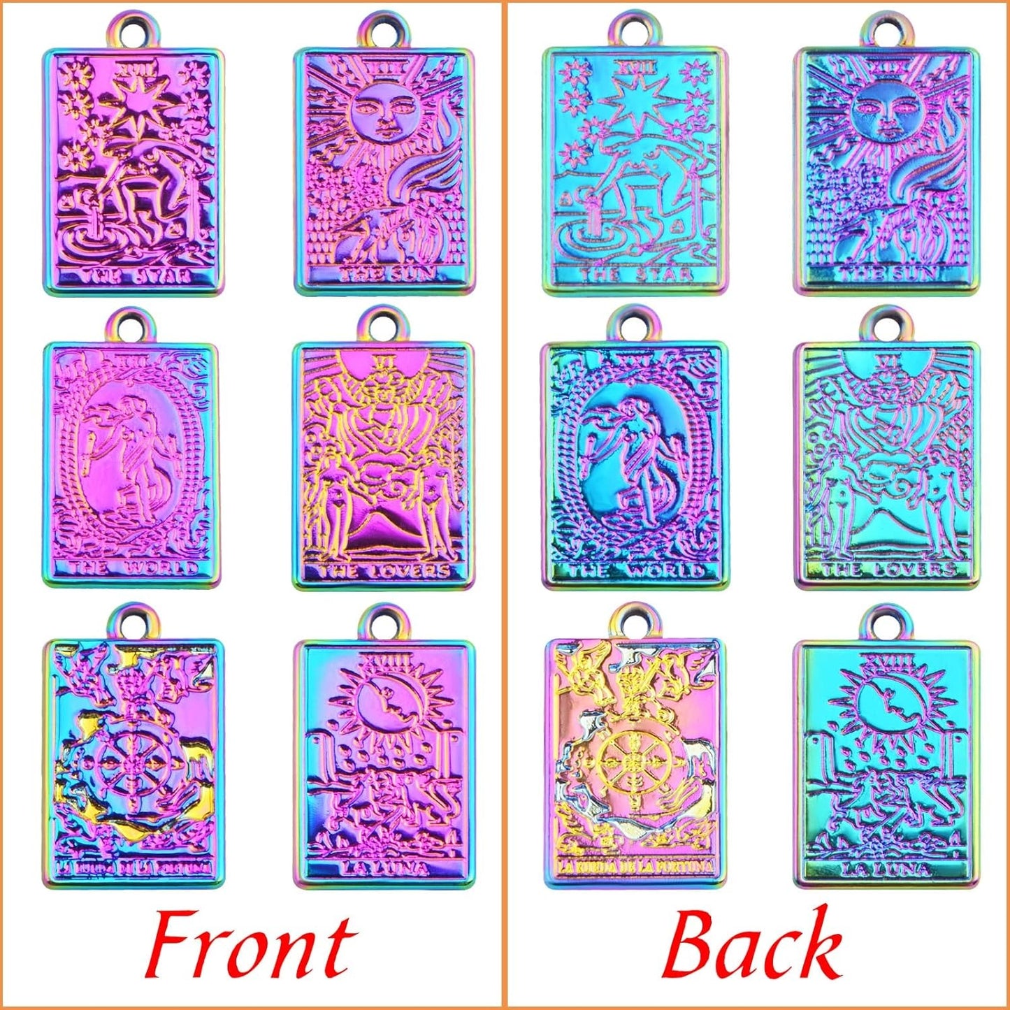 12pcs 6 Styles Tarot Card Charms Rectangle Alloy Tarot Pendants Wheel of Fortune Lovers World Sun Star Charms with a Box for DIY Bracelet Necklace Earrings Jewelry Making, Rainbow Color