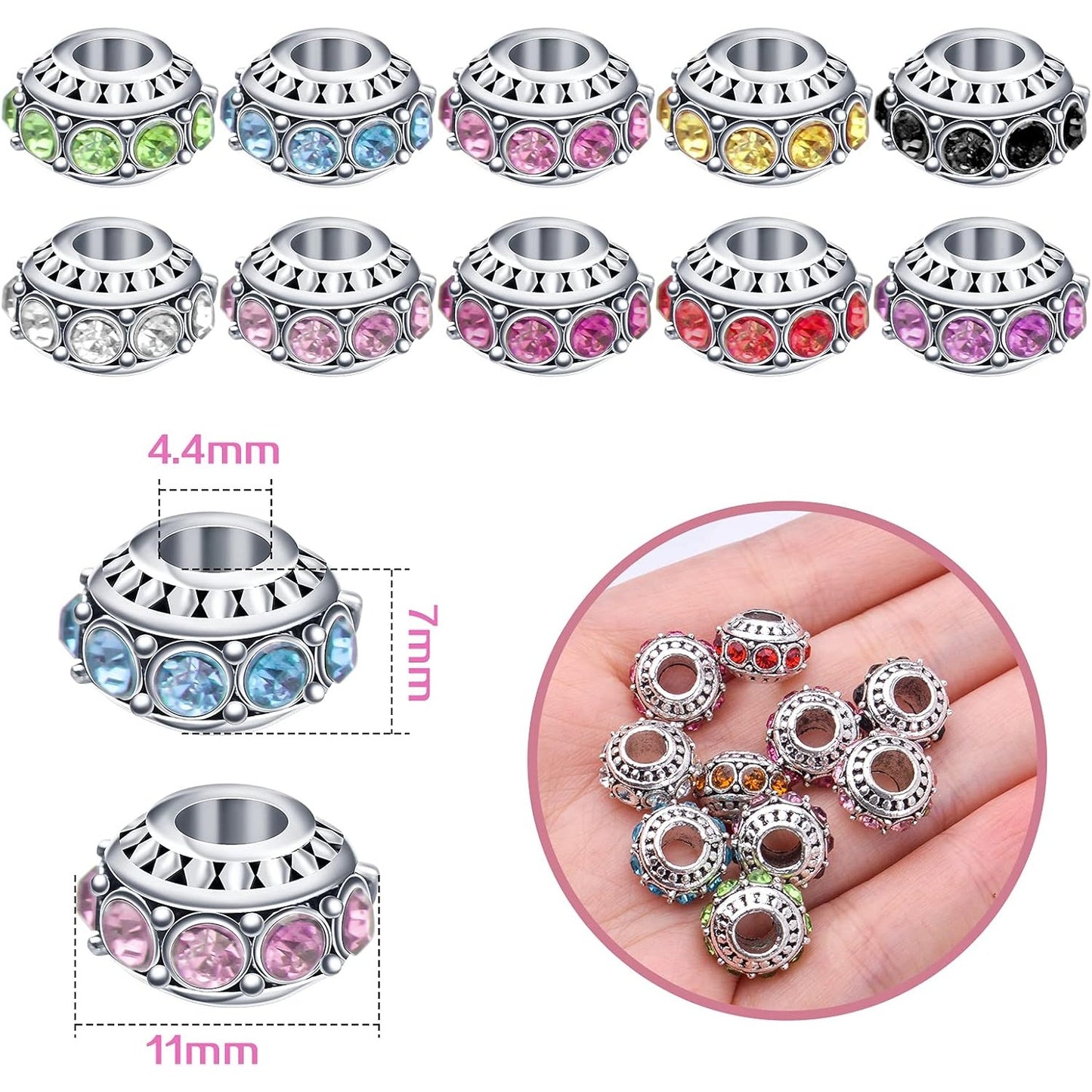 Large Hole European Beads, 20pcs 10 Styles Rondelle Rhinestone Beads Crystal Charm Spacer Beads for DIY Bracelet Snake Chain Jewelry Making, 11 mm x 7 mm, Hole: 4.4 mm