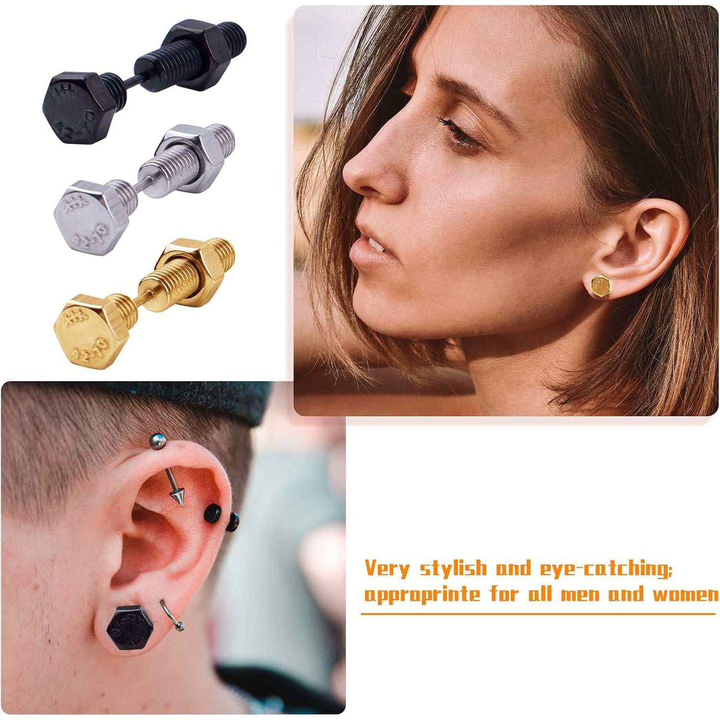3 Pairs Stainless Steel Punk Style Earrings Cool Screw on Earring Studs Backs Piercing Jewelry with A Plastic Box for Men Women Earring Backs, 3 Colors, 34 mm x 7.7 mm
