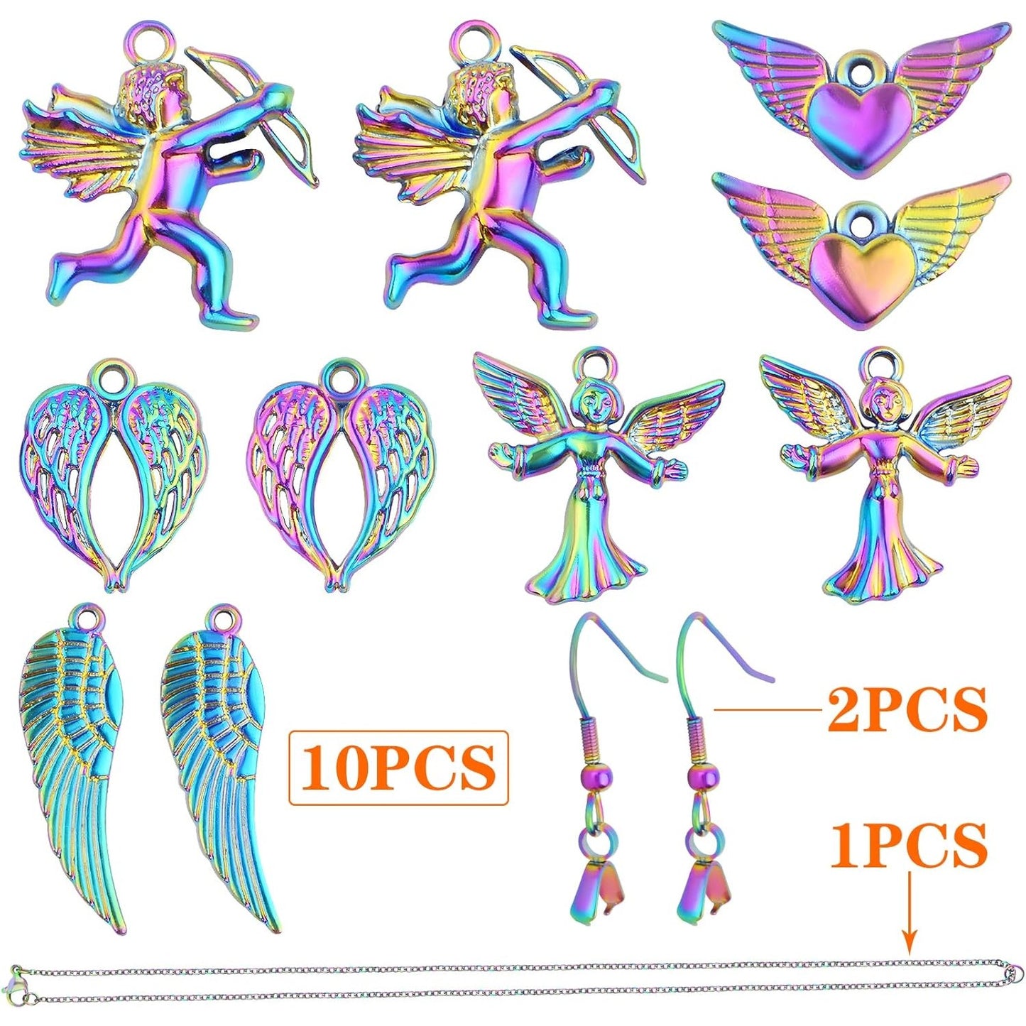 10pcs 5 Styles Angel Theme Charms Alloy Angel Wings Pendants, 2pcs French Earring Hooks and 1pcs Pendant Necklace for DIY Dangle Earrings Jewelry Making Supplies, Rainbow Color