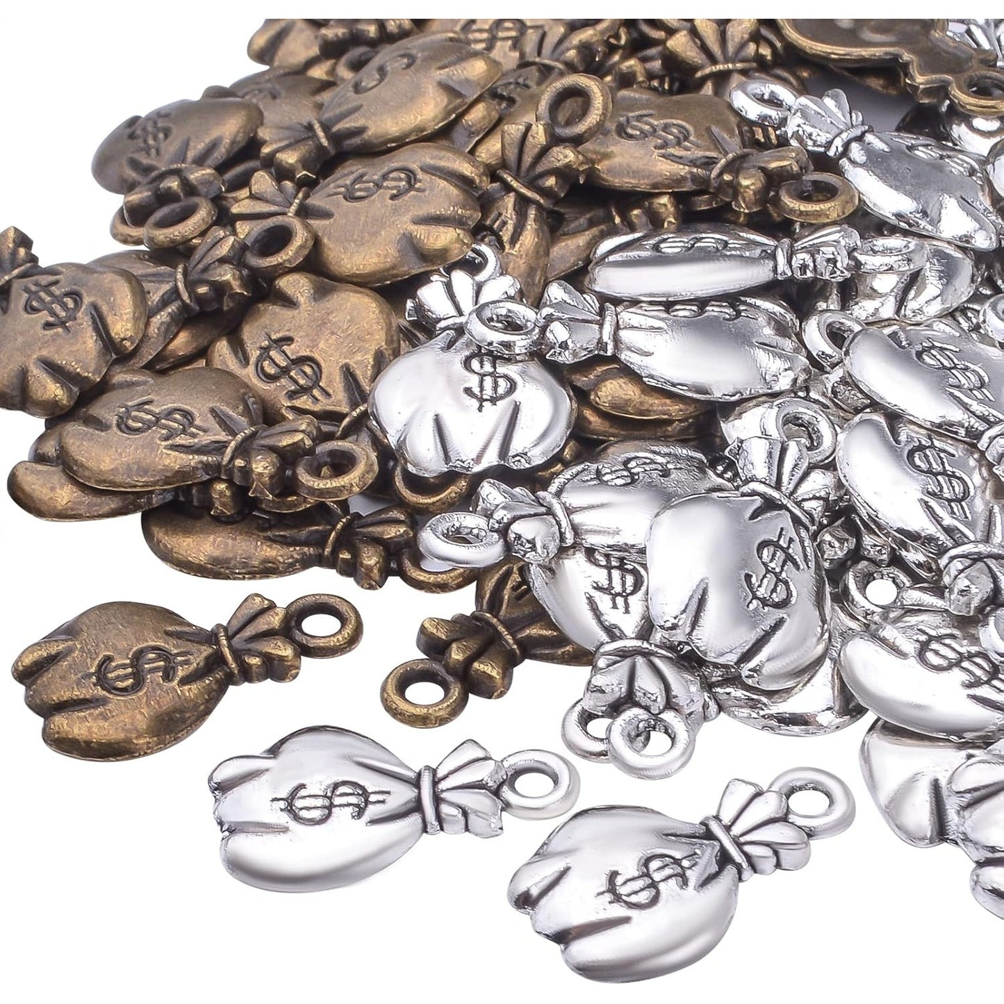 100pcs Mini US Dollar Sign Money Bag Charms Pendants Tibetan Alloy Dollar Money Charms Jewelry Making Accessories for DIY Earrings Bracelets Necklace, 2 Colors