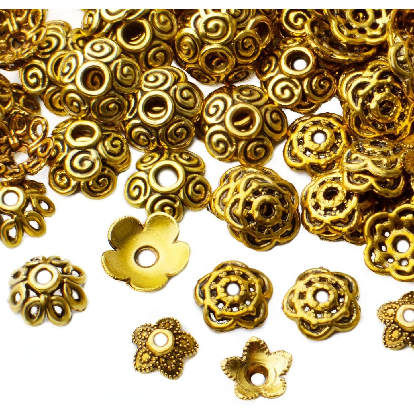 200pcs Antique Gold Spacer Beads Caps Flower Bead Caps Alloy Flower Cap Bead End Caps Loose Beads for DIY Bracelet Earring Necklace Jewelry Crafts Making Accessories