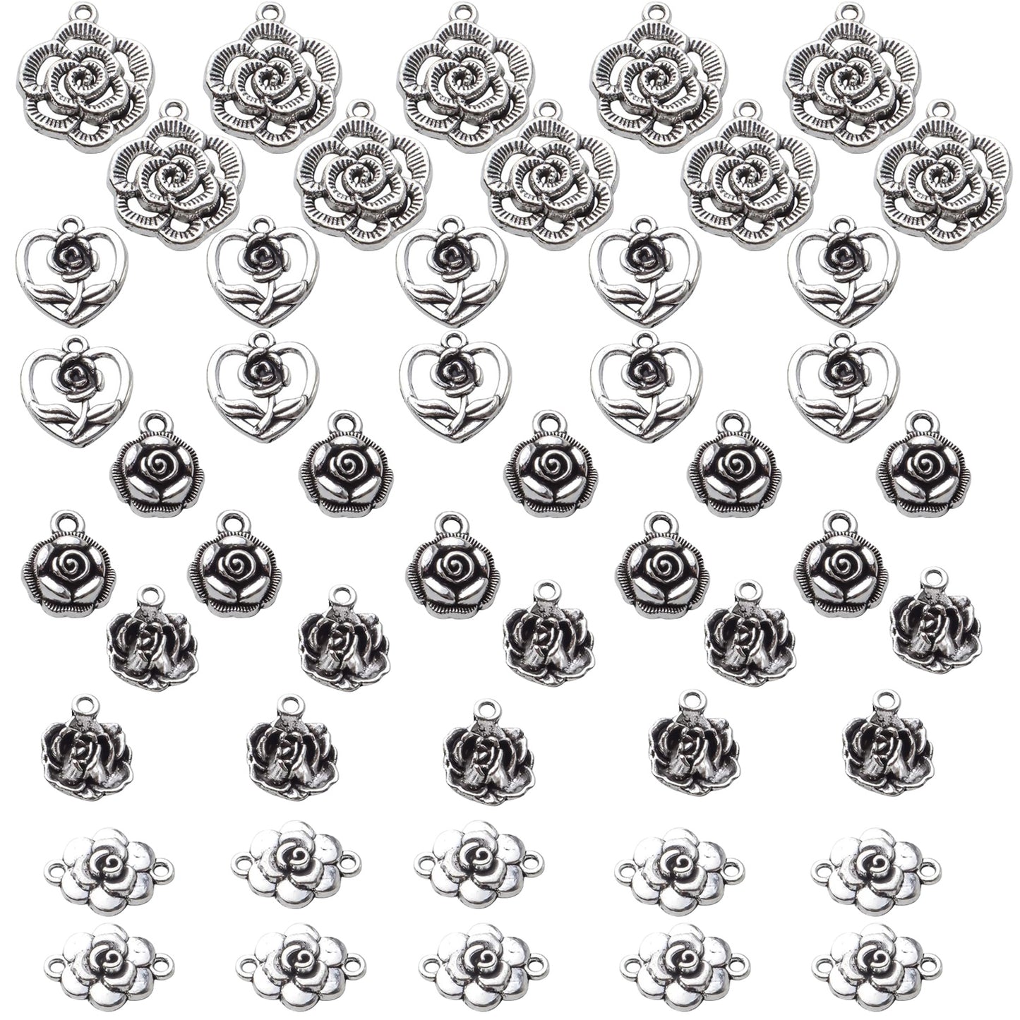 50pcs Rose Charms Pendants Alloy Rose Flower Charms Flower Connector Charms Rose Bead Charms for DIY Earrings Bracelet Necklace Jewelry Crafts Making Finding,5 Styles