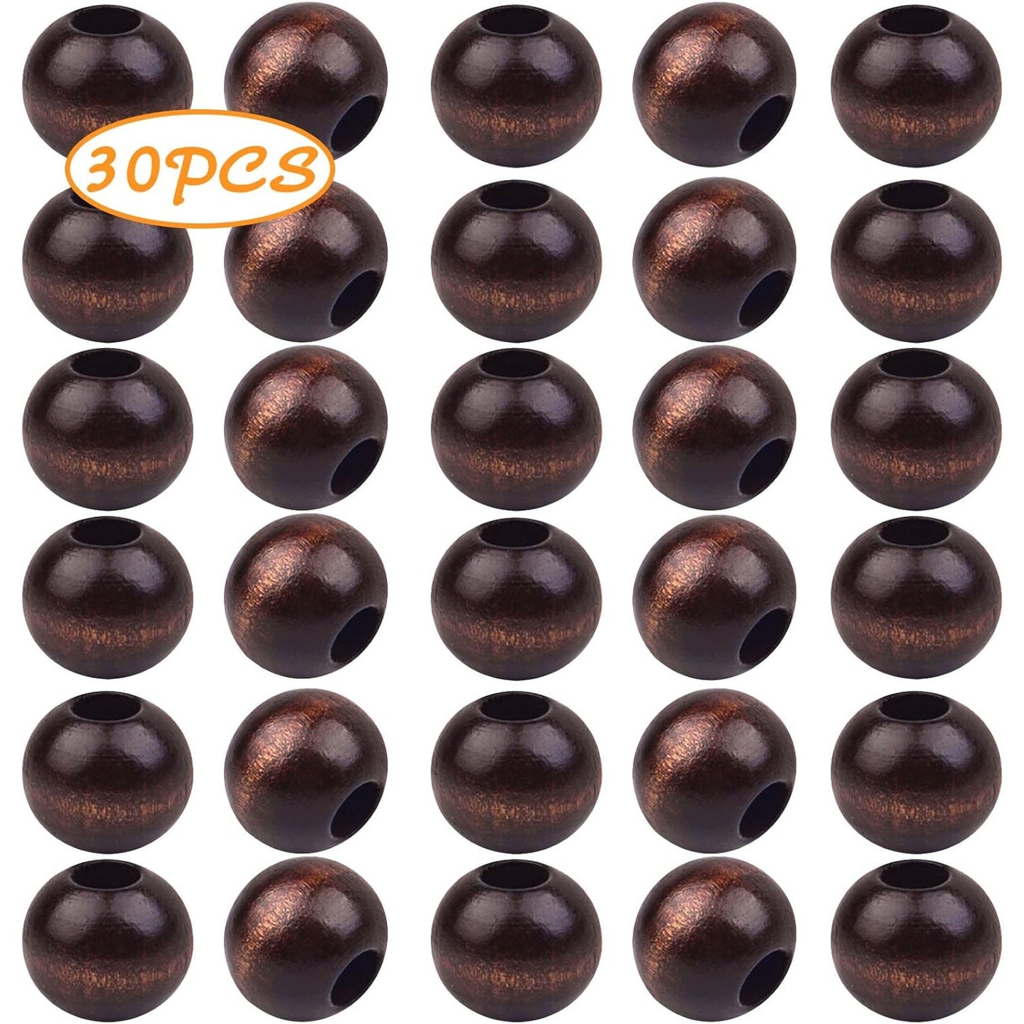 30pcs 25mm Wood Round Beads Natural Wooden Spacer Beads Loose Macrame Beads with 10mm Large Hole for DIY Jewelry Making Handmade Decoration, Black Coffee