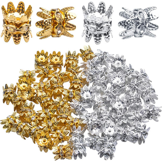 60PCS Double Flower Beads Caps with Rhinestone Petal Brass Bead Spacer Flower Caps Jewelry Making Accessories for Bracelet Necklace Earring