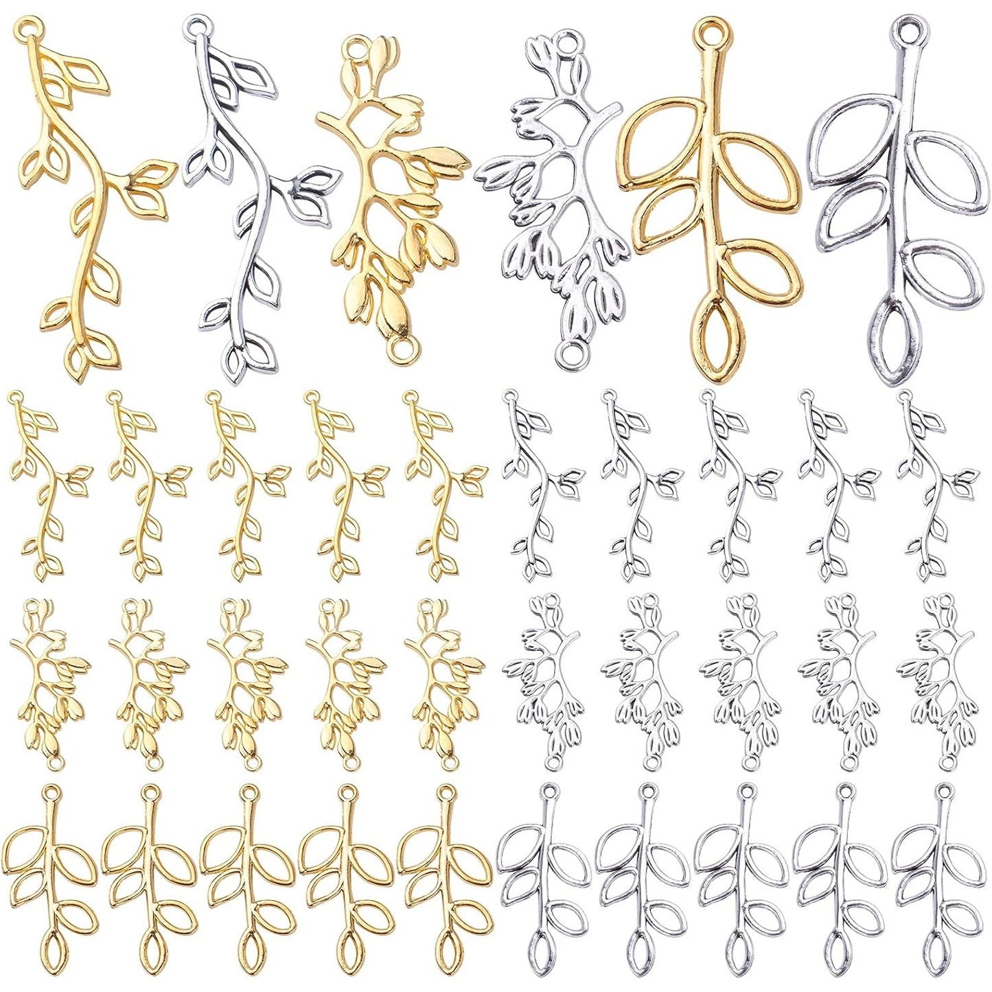60pcs Tree Leaf Charms Pendants Tibetan Alloy Leaves Branch Bead Charms Dangle Pendants for DIY Earring Necklace Crafts Supplies Jewelry Making Findings, 3 Styles, 2 Colors