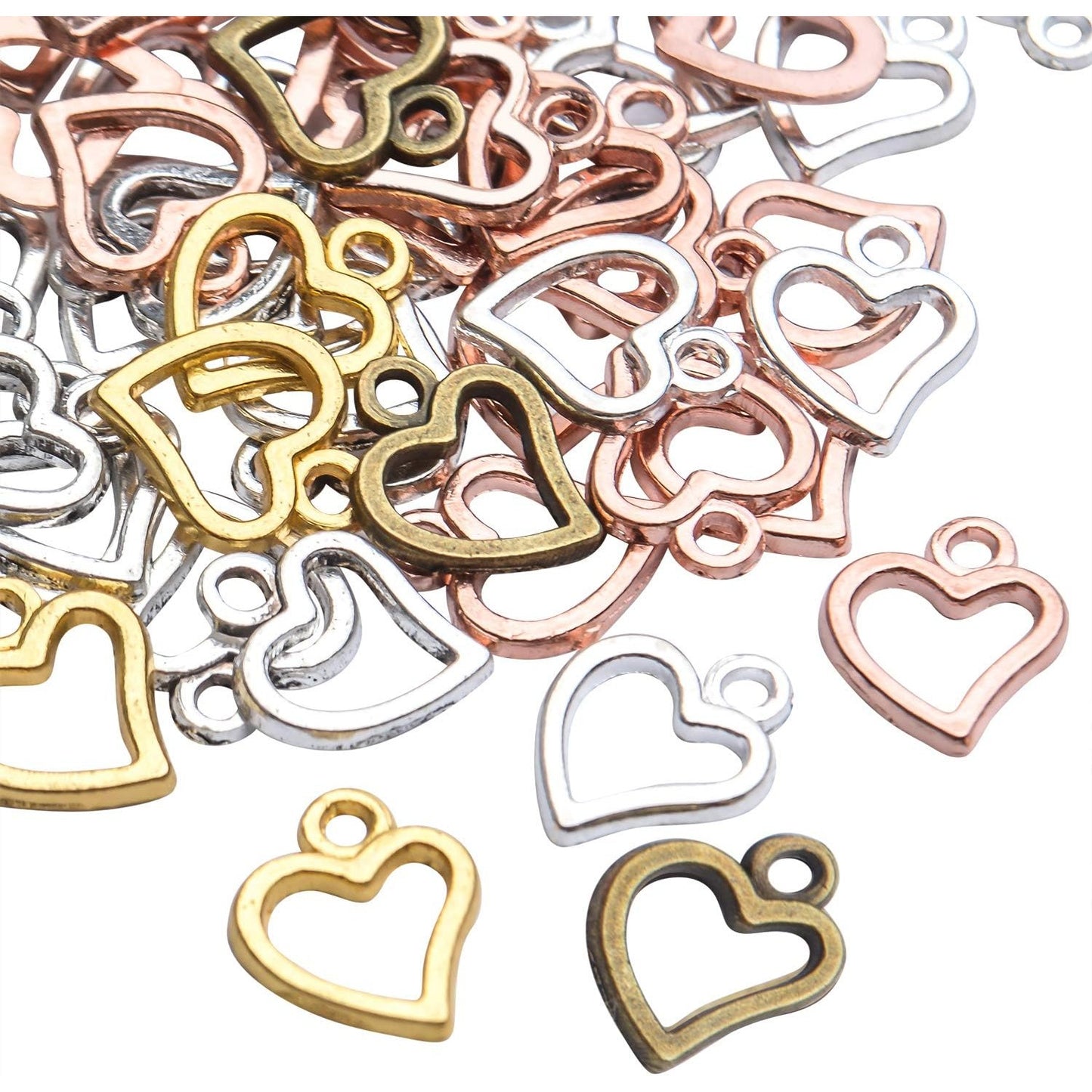Heart Pendant Charms, 100 Pcs Tibetan Hollow Heart Shape Charms Alloy Love Pendants for Jewelry Making Crafting, Golden, Rose Golden, Antique Silver, Bright Silver and Antique Bronze
