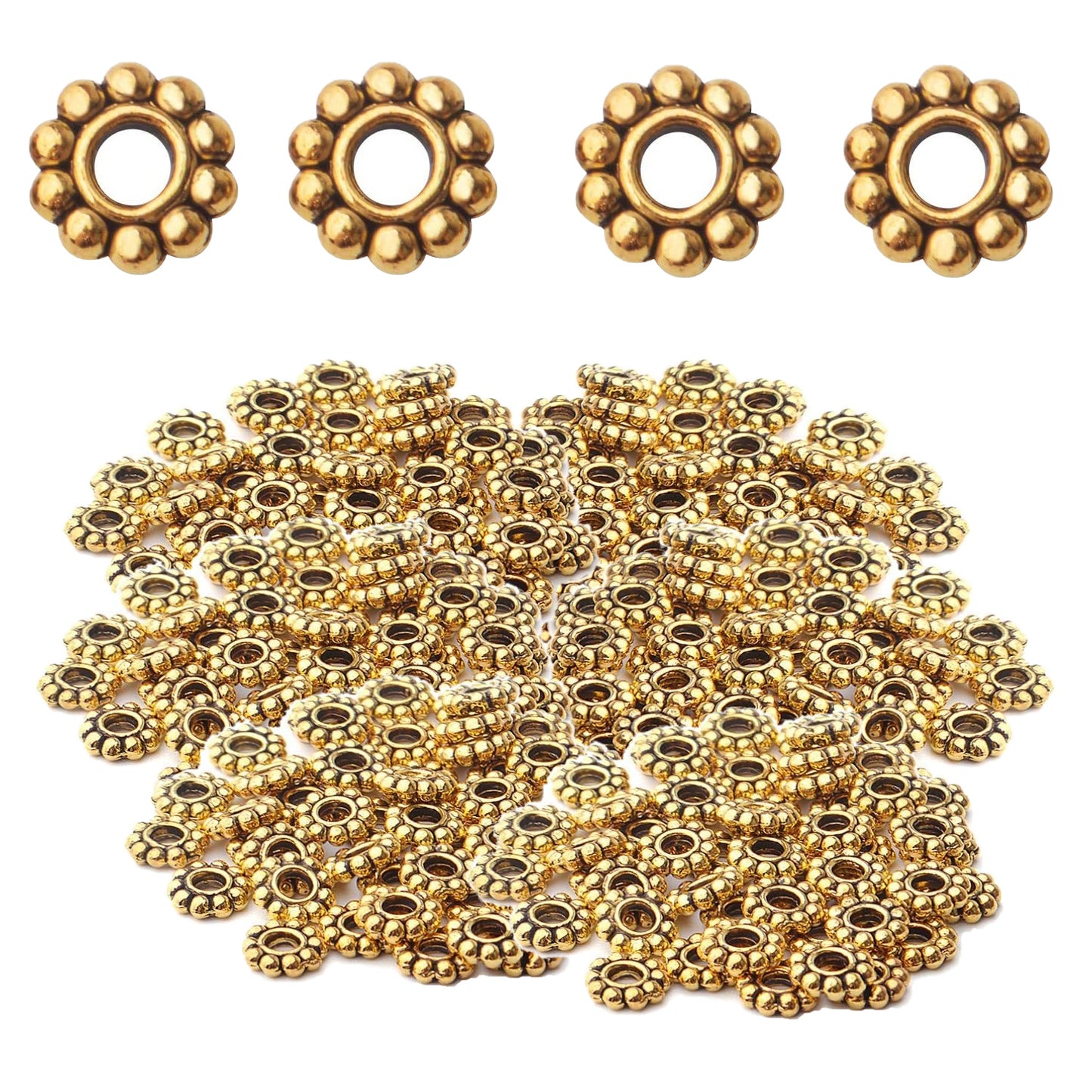 200pcs 4 Colors 6mm Flower Spacer Beads Tibetan Alloy Daisy Spacers Snowflake Loose Beads Jewelry Spacer Charms for DIY Bracelet Jewelry Crafts Making