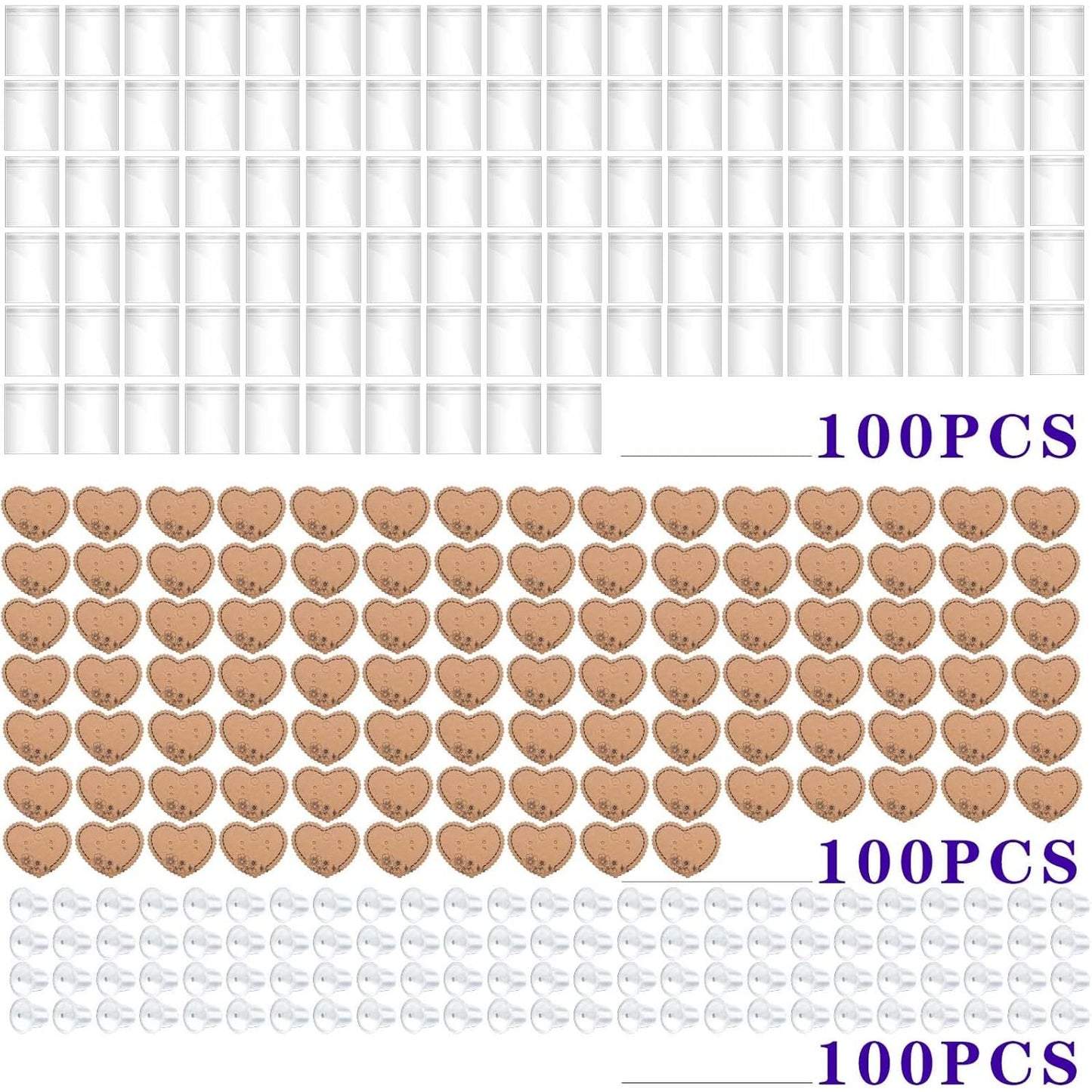100pcs Heart Earring Card Holder Jewelry Display Cards and 100pcs OPP Self-Sealing Bags with 200pcs Clear Earring Backs for Necklace Earrings Jewelry Display, Brown