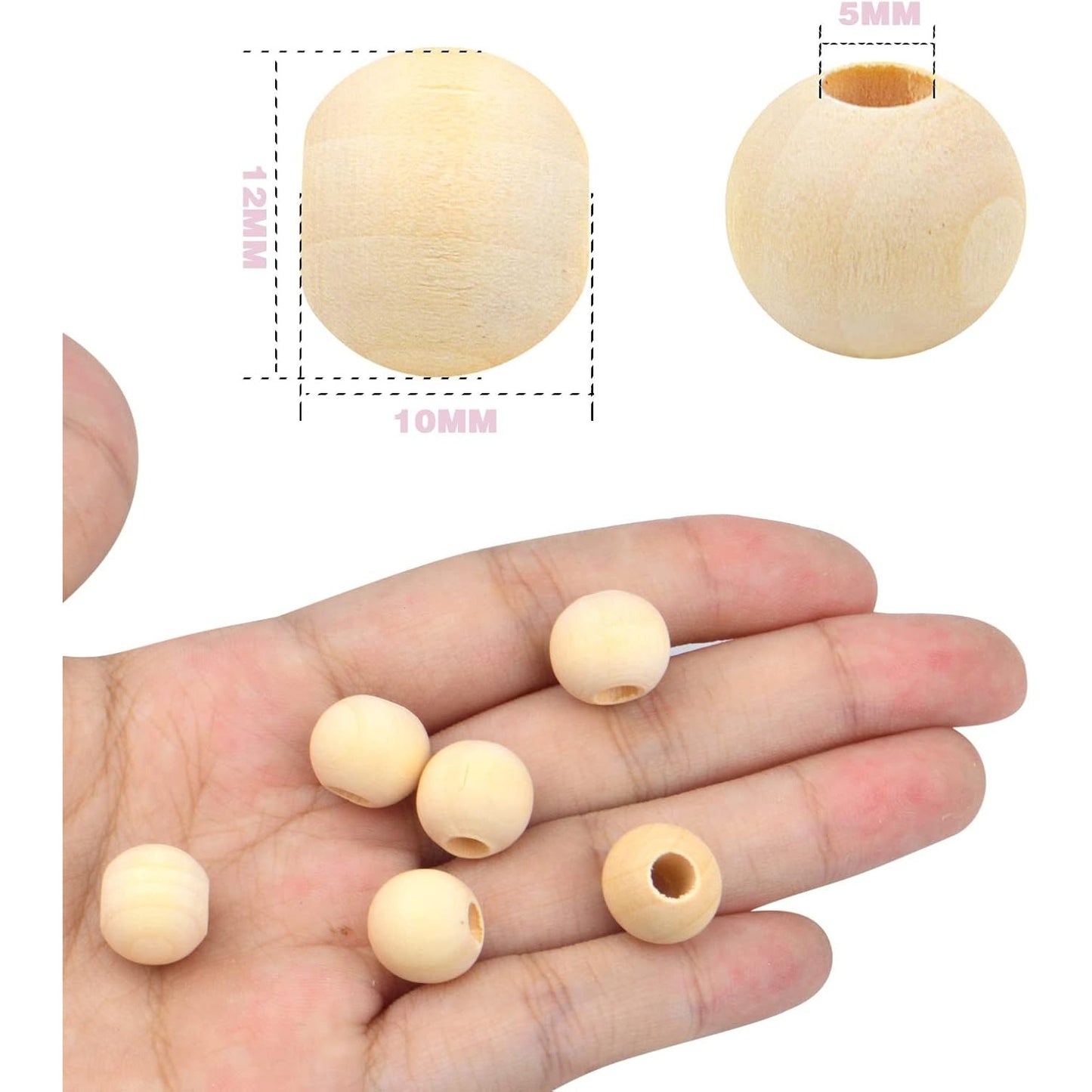 100pcs 12mm Wooden Beads Natural Unfinished Wood Spacer Beads Large Hole Round Loose Beads for Bracelet Pendants Crafts DIY Garland Jewelry Making, Hole: 5 mm