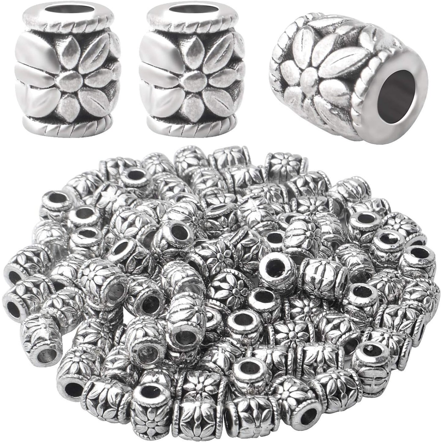 100pcs Antique Silver Bead Spacer Alloy Tube Beads Tibetan Spacers Large Hole Loose Beads Jewelry Spacer Charms for DIY Jewelry Making