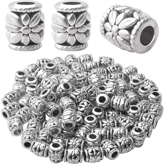 100pcs Antique Silver Bead Spacer Alloy Tube Beads Tibetan Spacers Large Hole Loose Beads Jewelry Spacer Charms for DIY Jewelry Making
