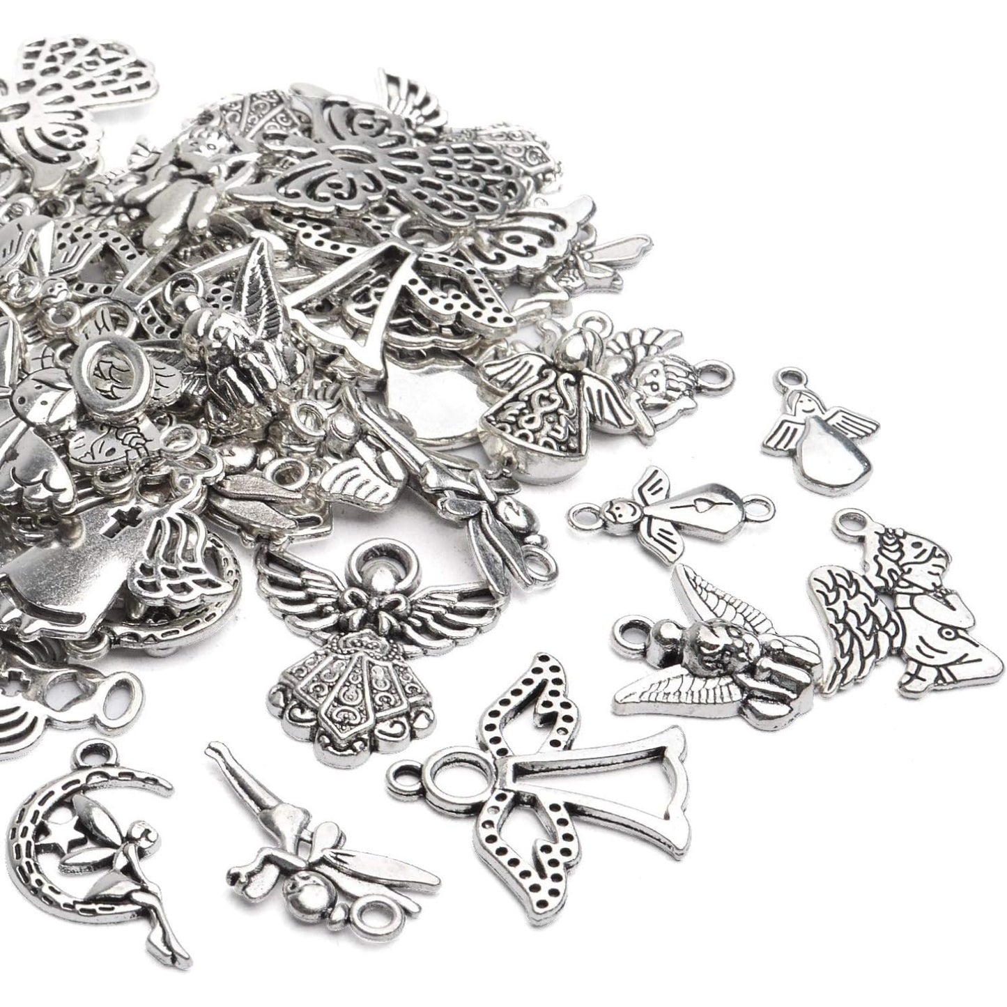 Angel Pendant Charms,56pcs Antique Silver Angel Charms Alloy Tibetan Crafts Supplies for DIY Jewellery Necklace Earring Making,Mixed Styles