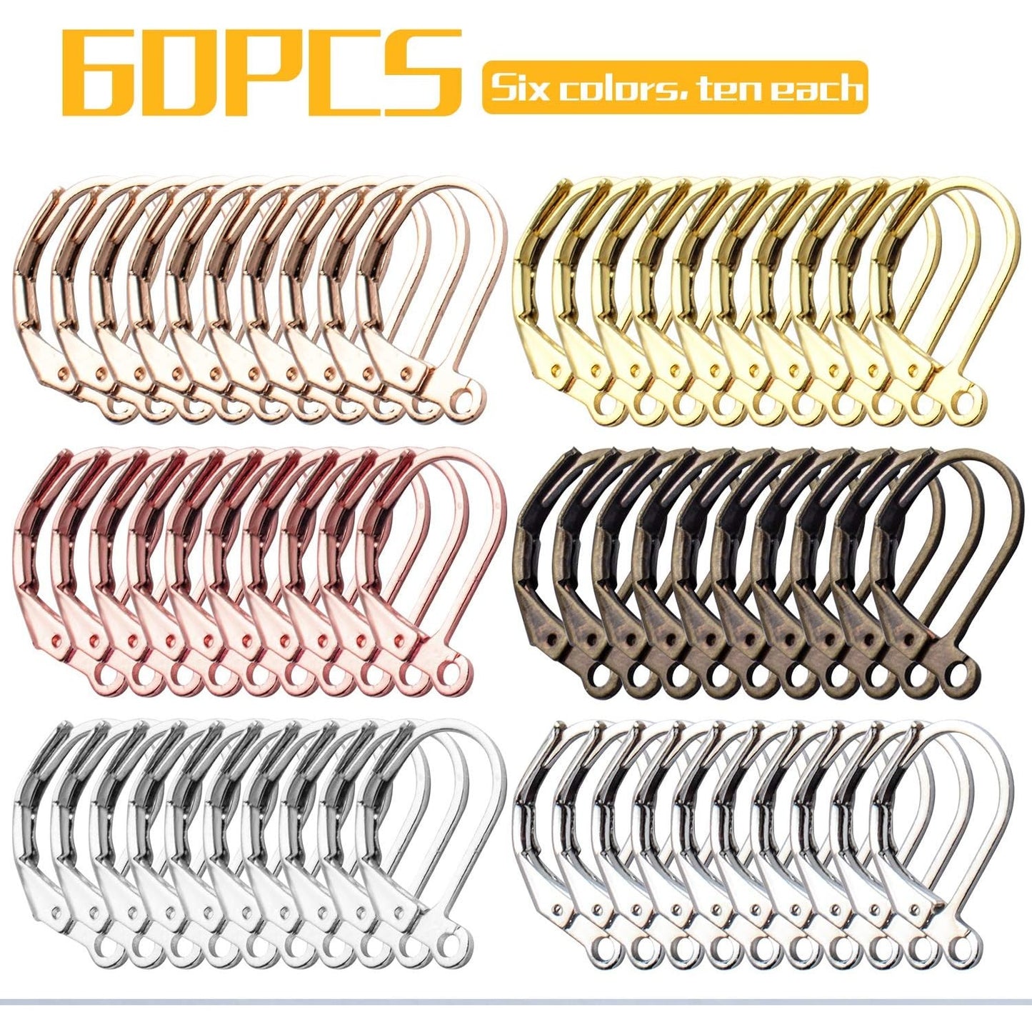 Earrings Hooks Leverback, 60pcs Leverback Earring Hooks Earwires Open Loop French Style for Earring Jewelry Making, Antique Bronze, White Gold, Silver, Gold, KC Gold, Rosegold