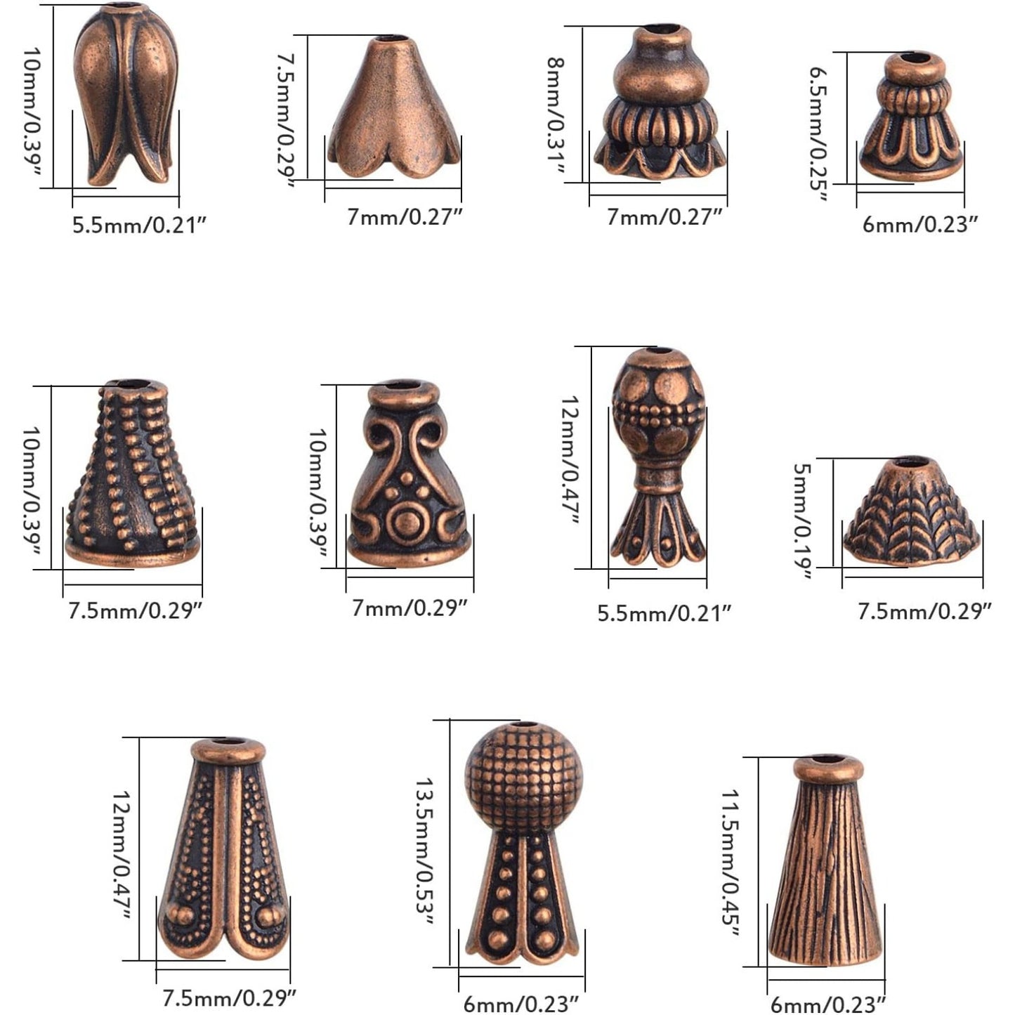 100 Gram (About 110-150pcs) Mixed Styles Bead Caps Vintage Alloy Flower Spacer Beads Tassel Cone Bead Caps Accessories for DIY Bracelet Necklace Jewelry Making, Antique Copper