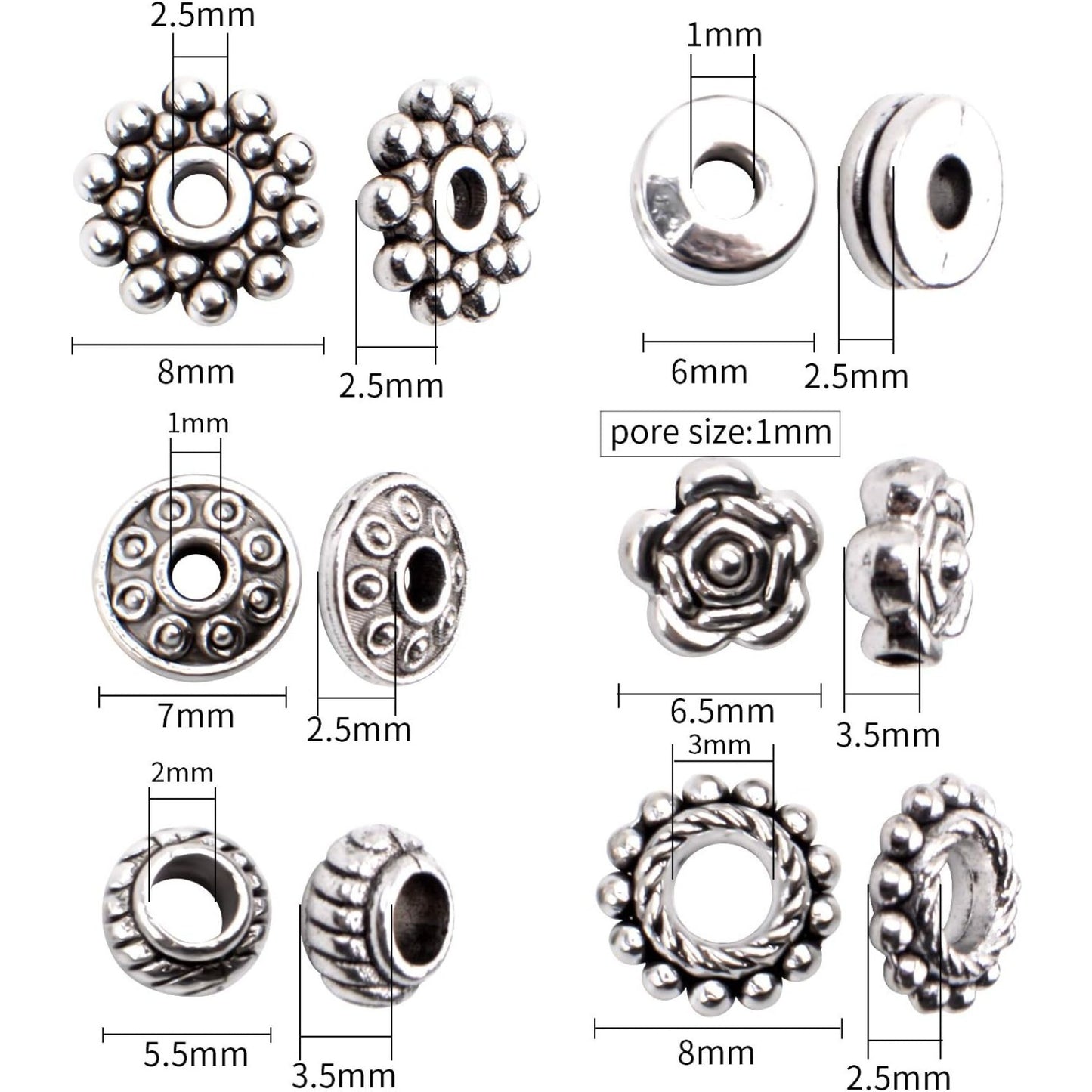 300 Pieces Alloy Antique Silver Spacer Beads Tibetan Metal Loose Beads Jewelry Findings Accessories DIY for Bracelet Necklace Jewelry Making, 6 Styles
