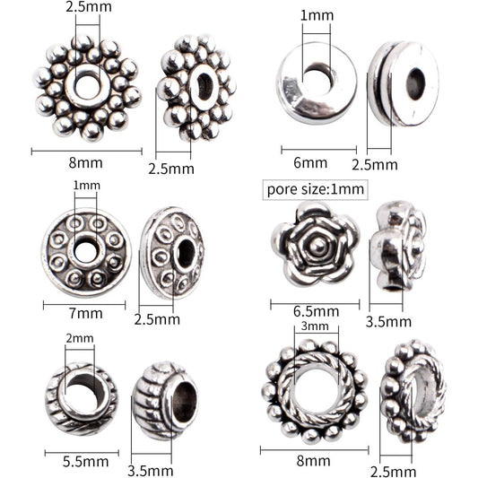 300 Pieces Alloy Antique Silver Spacer Beads Tibetan Metal Loose Beads Jewelry Findings Accessories DIY for Bracelet Necklace Jewelry Making, 6 Styles