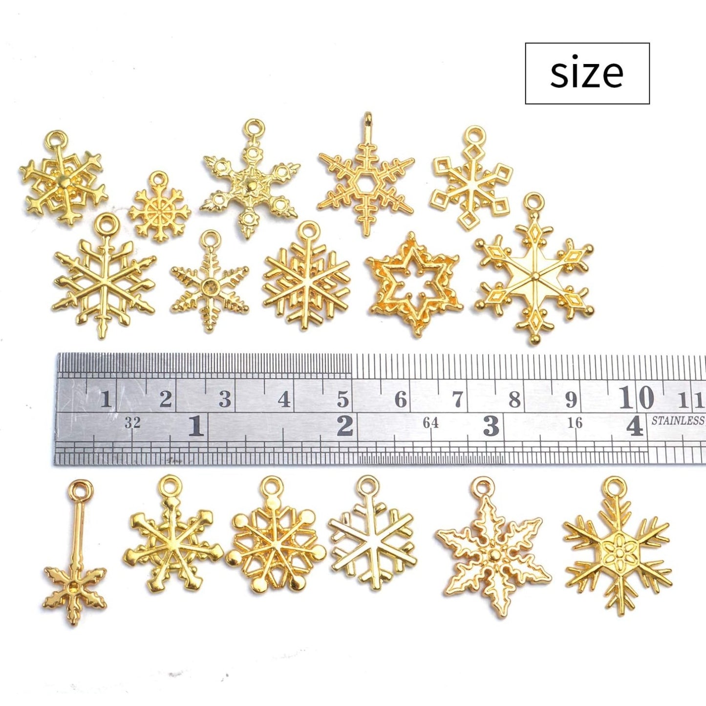 Christmas Snowflake Charms, 100g (about 80pcs - 90pcs) Mixed Alloy Snowflake Pendant Craft Supplies Jewelry Findings for DIY Necklace Bracelet Jewelry Making, Gold