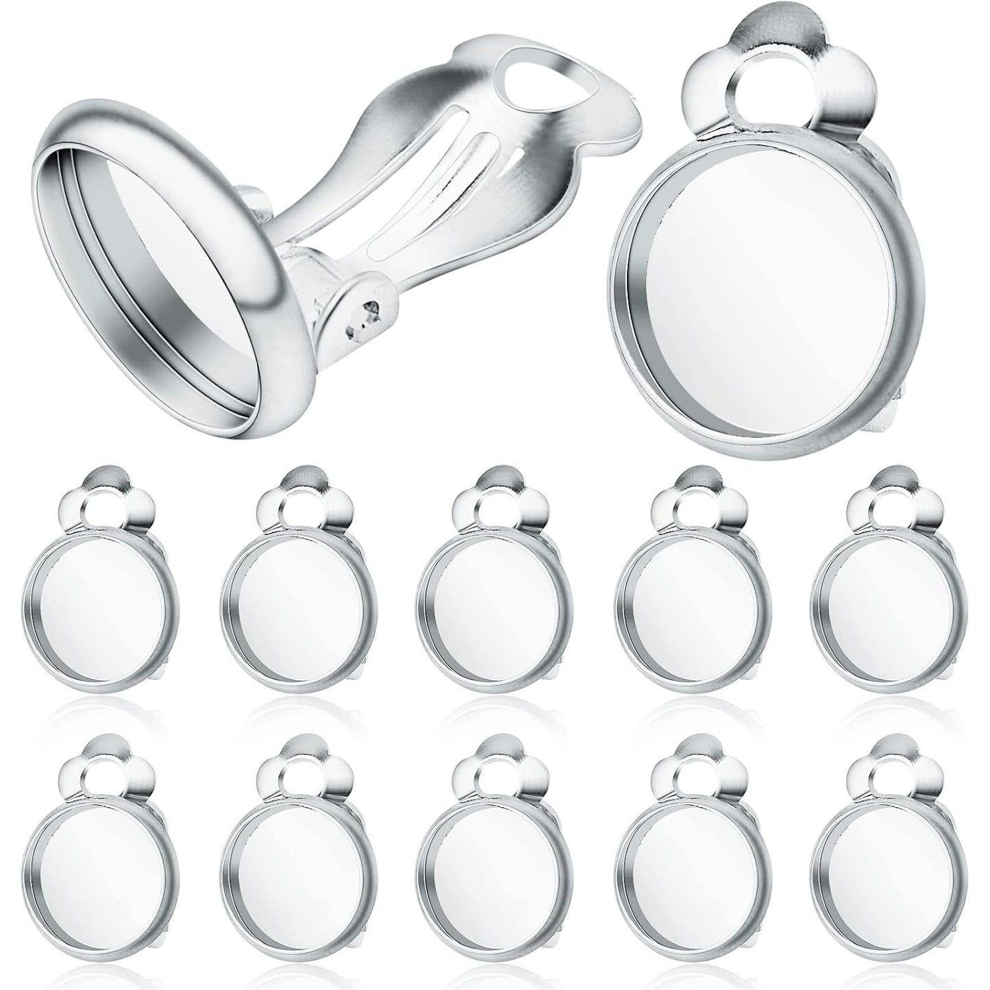 Clip-on Earring Converters, 20pcs (10 Pair) Flat Round Earring Trays 12mm Earring Cabochon Setting Converter for Non Pierced Ears Earring Making - Silver