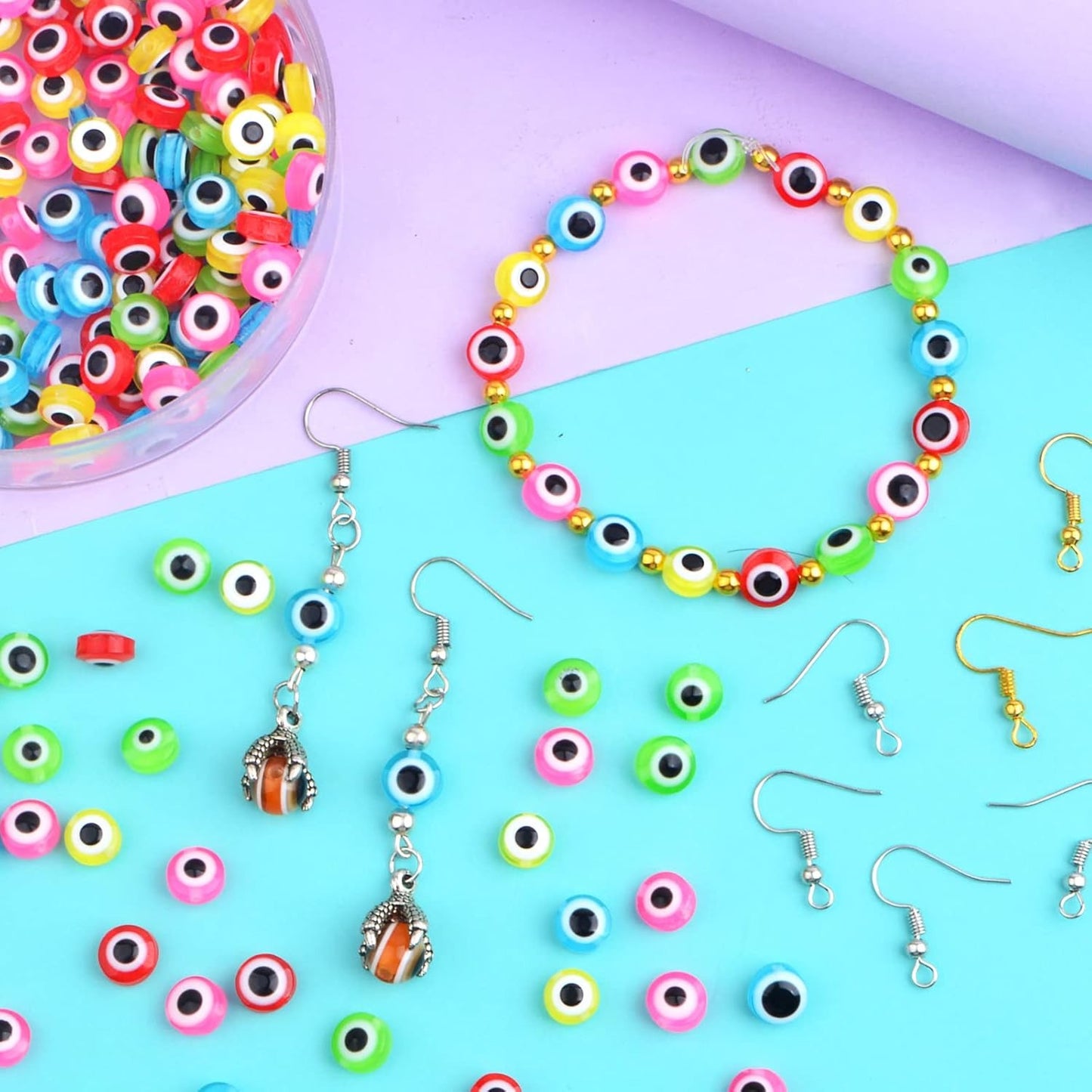 250pcs 8 mm Colorful Evil Eye Beads Round Resin Evil Eye Beads with 100pcs French Earring Hooks and 2 Roll of Crystal Thread Kits for DIY Bracelet Earrings Jewelry Making Findings