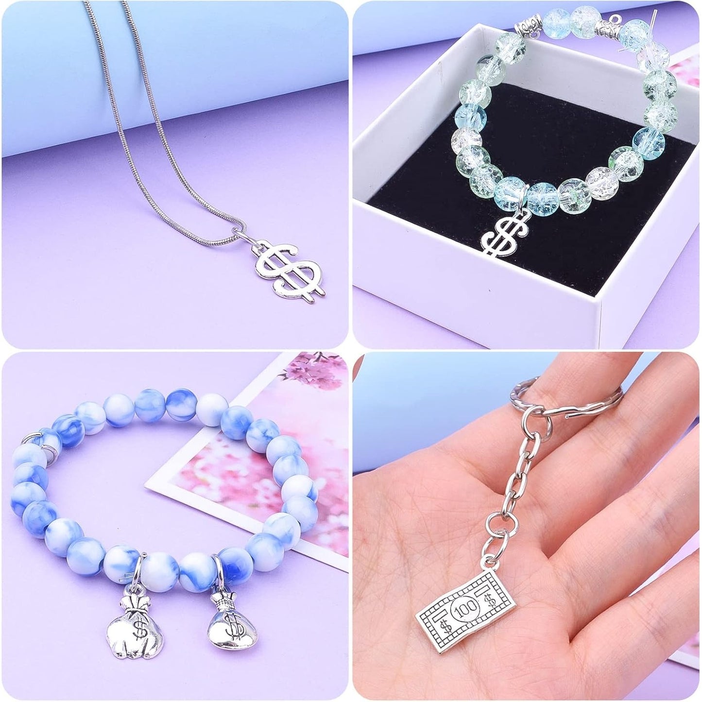 50pcs Antique Silver Dollar Sign Charms Tibetan Alloy Money Bag Pendants 100 Dollars Bill Charms for DIY Bracelets Necklace Jewelry Making Handmade Decoration, 5 Styles