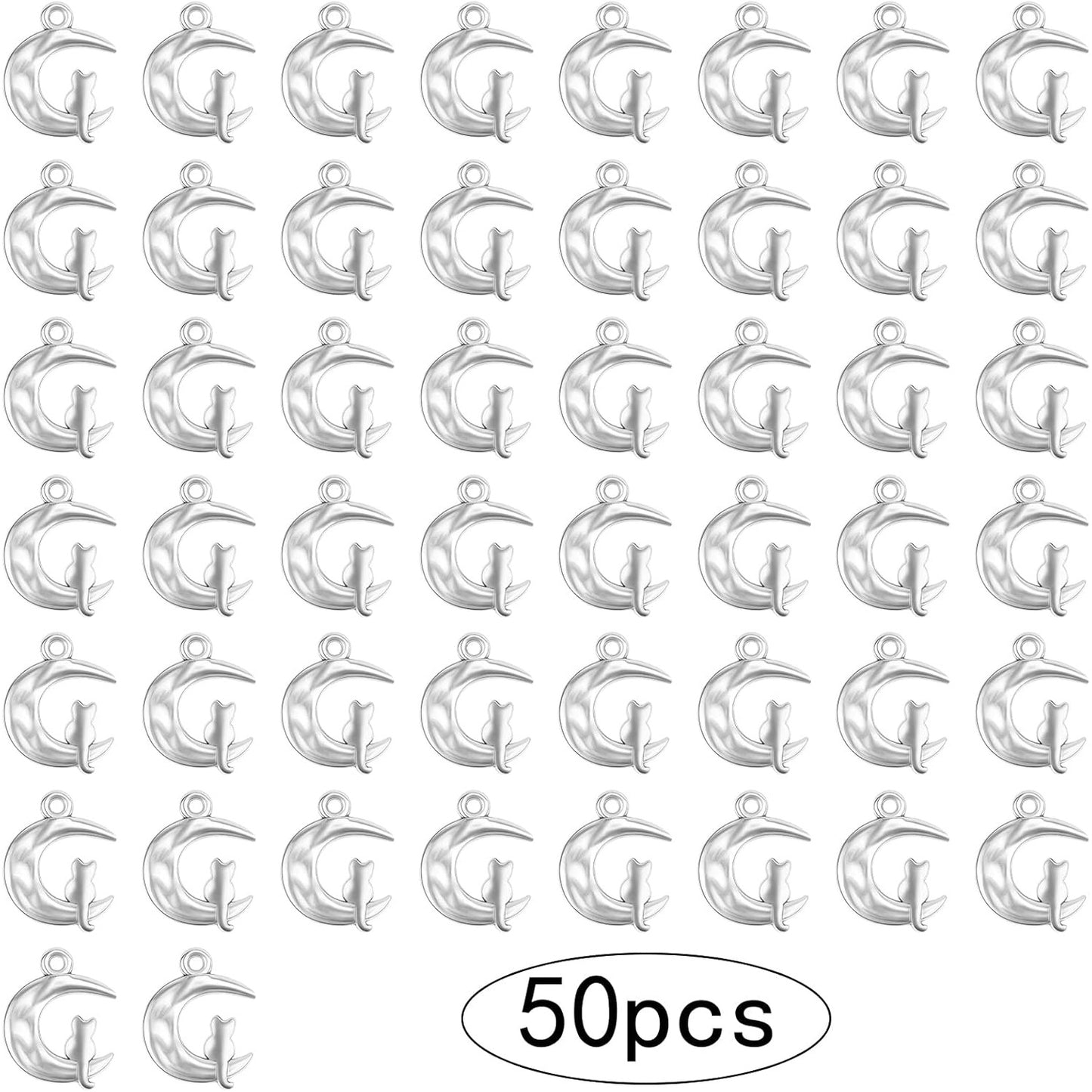 50pcs Antique Silver Crescent Moon with Cat Shape Charms Tibetan Alloy Cat On Moon Pendants Half Moon Celestial Dangle Charms for DIY Necklace Bracelet Earrings Jewelry Making