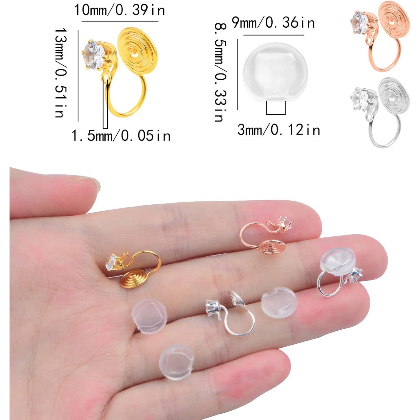 12pcs Brass Clip-on Earring Converters Mosquito Incense Shape Earring Clips with Cubic Zirconia and 12pcs Painless Earring Pads for Non-Pierced Ears DIY Jewelry Making, 3 Colors