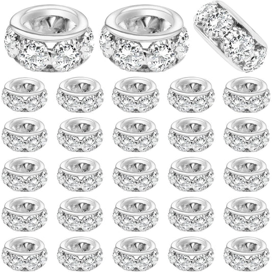 40pcs 12mm Large Hole Rhinestone European Beads, Crystal Rondelle Spacer Beads Round Loose Beads for Snake Chain Bracelet DIY Jewelry Making, Hole: 8mm