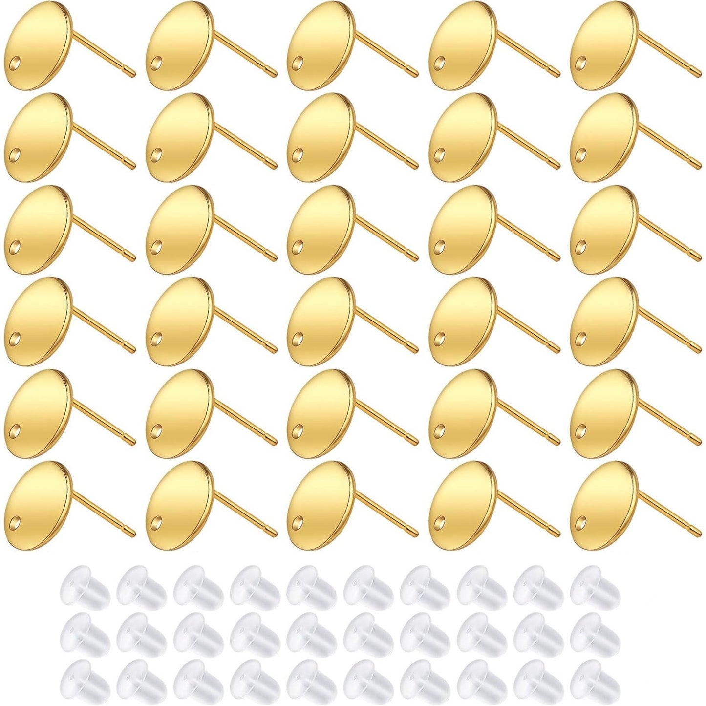 30pcs 3 Colors Stainless Steel Stud Earrings Flat Round Pad Earring Posts Findings with Hole and 30pcs Clear Silicone Earring Backs for Women DIY Jewelry Making