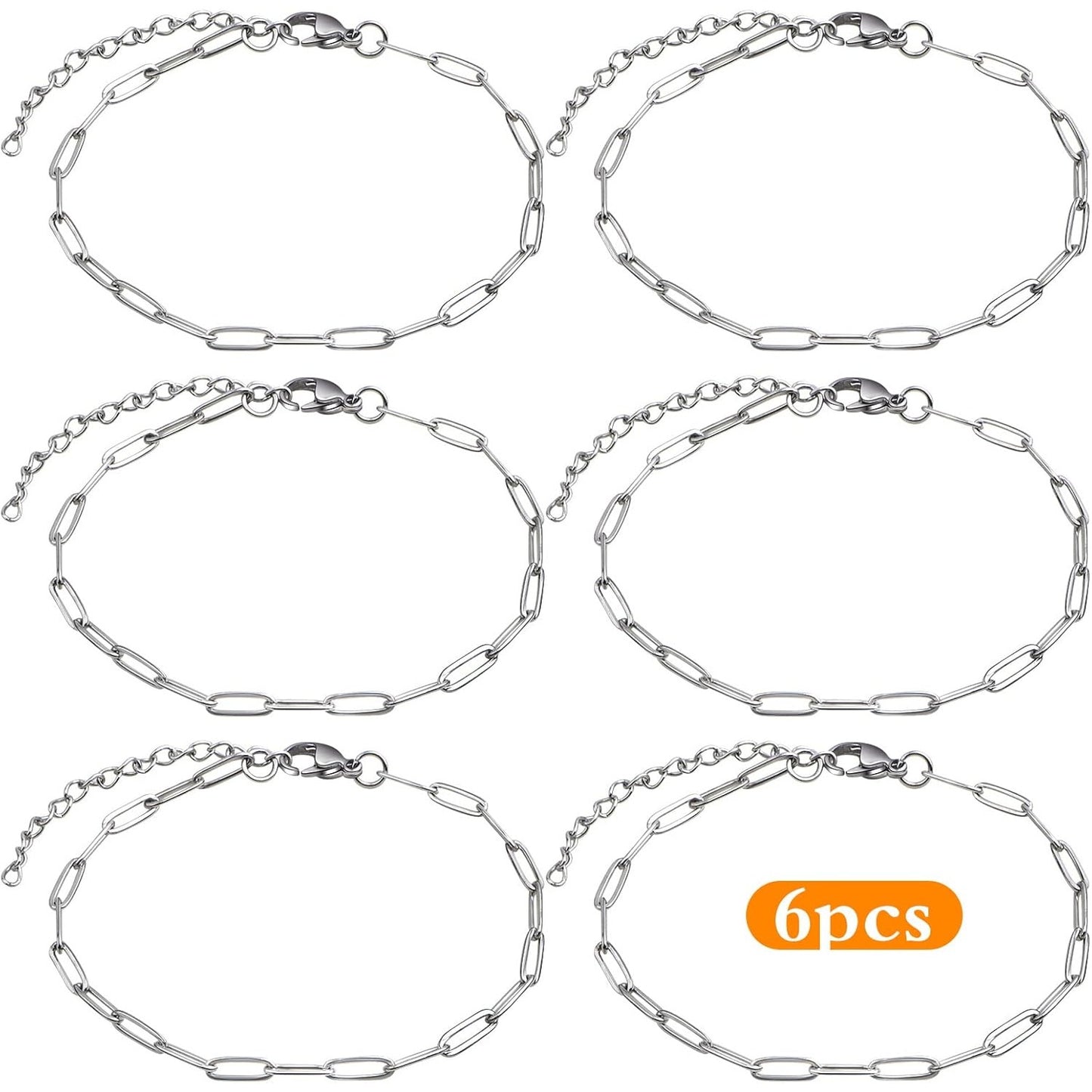 6pcs Adjustable Paperclip Link Chain Bracelets Stainless Steel Paper Clips Necklace Bracelet with Lobster Clasps for Women Jewelry Birthday Christmas Party Gifts