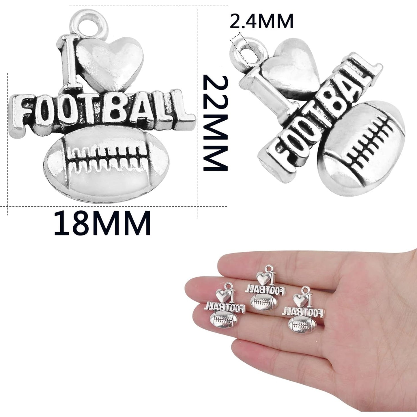 50 Pieces Antique Silver Football Charms Pendants Tibetan Alloy I Love Football Dangle Charms for DIY Necklace Crafts Jewelry Making
