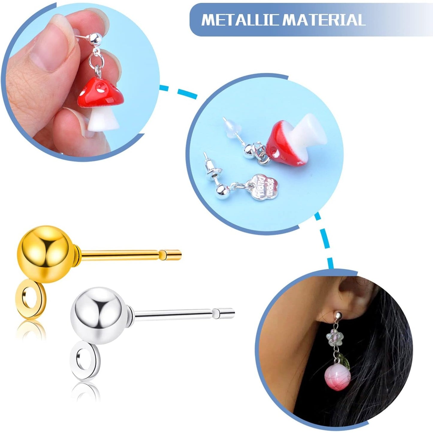 Ball Post Earring Studs, 100pcs Hypoallergenic Earring Studs Ball Ear Pin with Loop Round Ball Spherical Earrings and 300pcs Earring Safety Backs for Jewelry Making, Gold, Silver