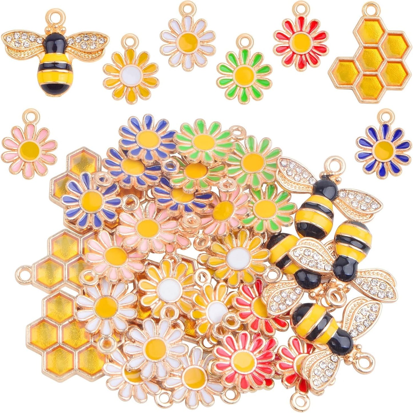 32pcs Enamel Sunflower Bee Charms Colorful Daisy Flower Pendants Alloy Rhinestone Honeybee Honeycomb Dangle Charms for DIY Necklace Bracelet Jewelry Making Findings, 3 Styles