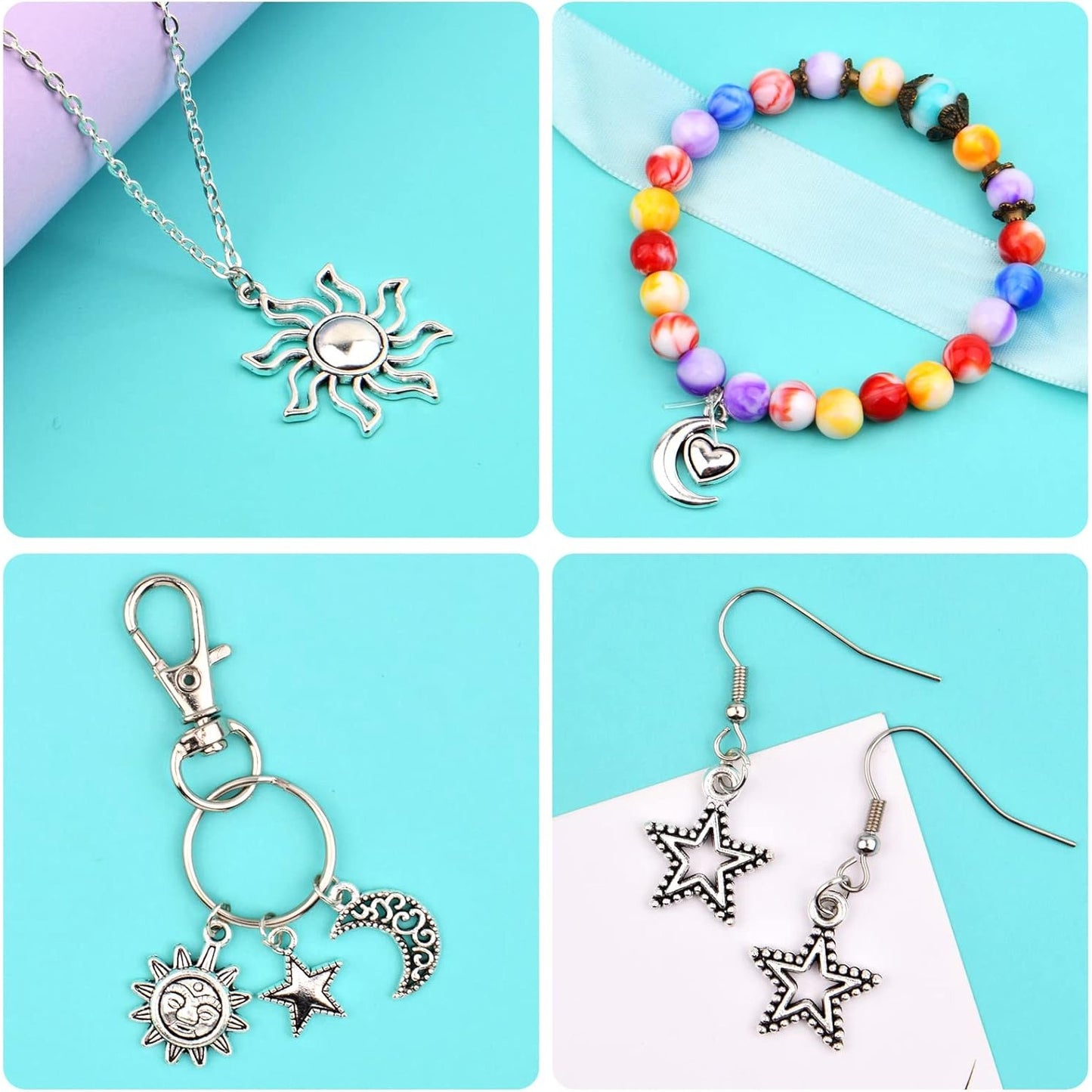 80pcs Antique Silver Sun Moon Stars Charms Alloy Vintage Celestial Dangle Pendants Jewelry Charm Accessory for DIY Necklace Bracelet Craft Supplies, 20 Styles