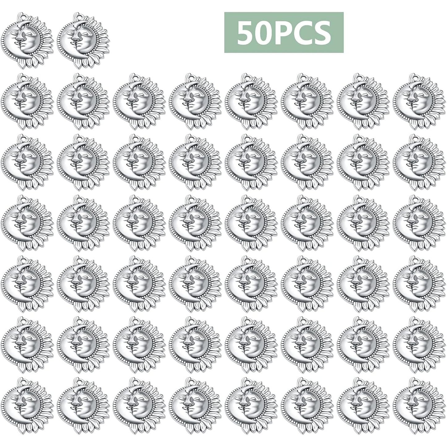 50pcs Sun and Moon Charms Pendants Alloy Sun Smile Celestial Craft Supplies for Necklace Bracelet DIY Jewelry Making Accessories