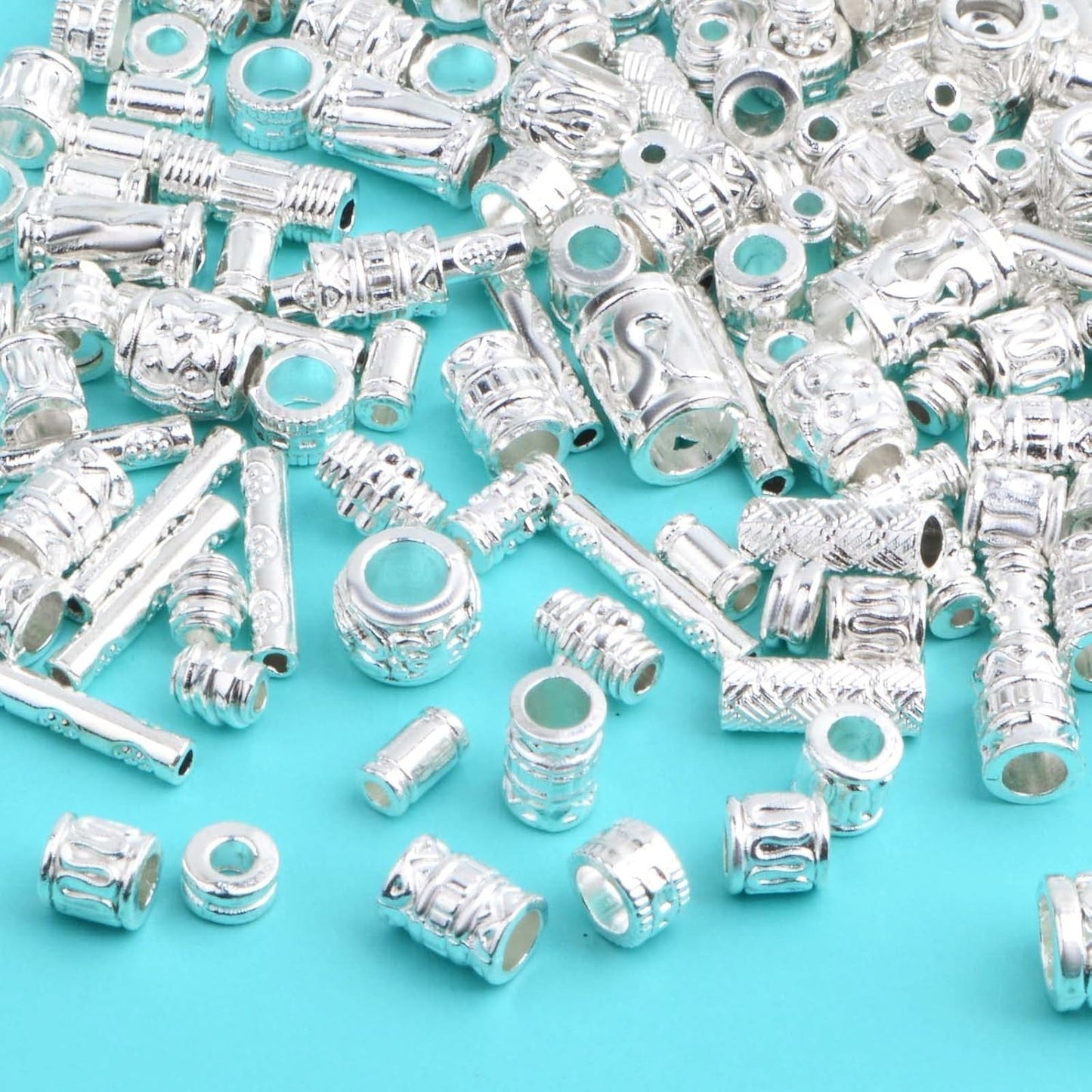100 Gram Mixed Column Barrel Spacer Beads Vintage Alloy Tube Bar Shape Loose Charm Beads Accessories for DIY Bracelet Necklace Jewelry Making Findings, Bright Silver