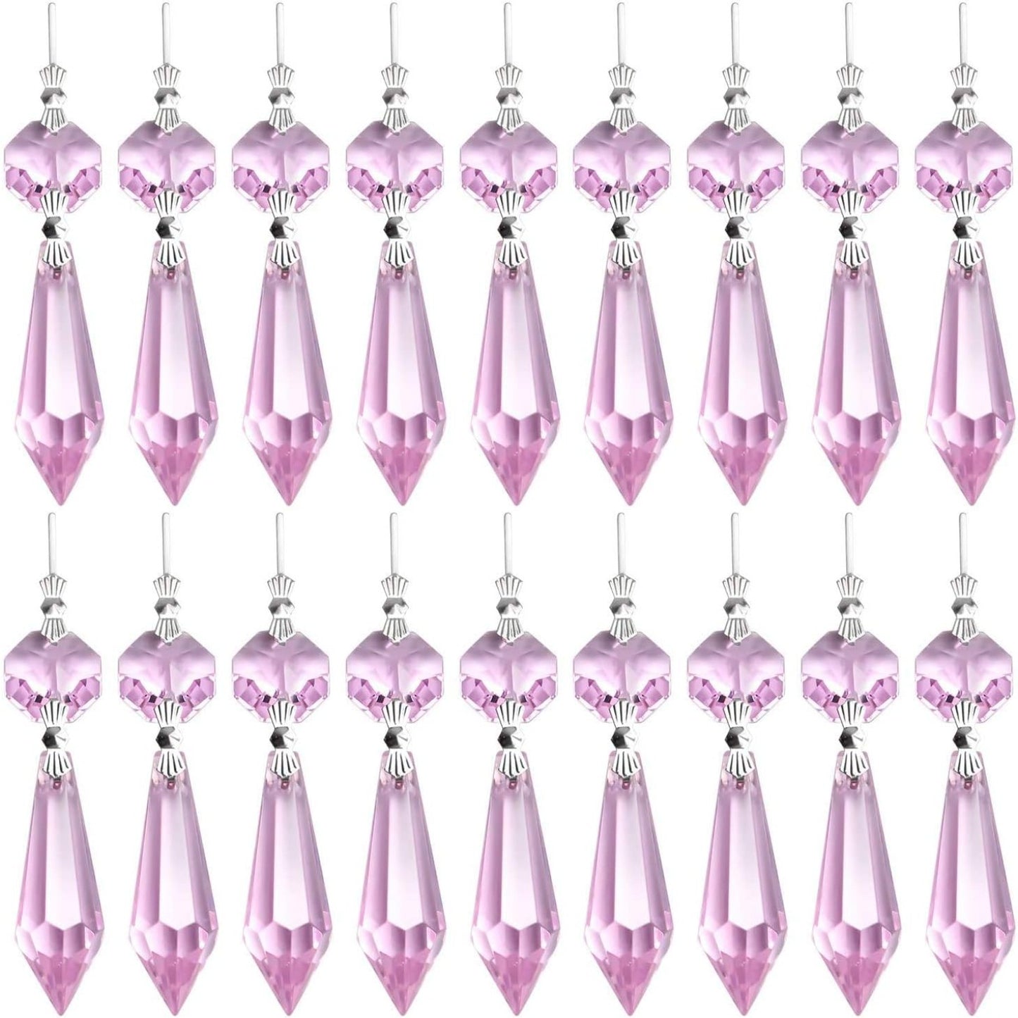 20 Pieces Chandelier Icicle Crystal U-Drop Prisms Lamp Parts Glass Pendants Beads for Wedding, Party or Holiday Decoration, 37mm, Pink