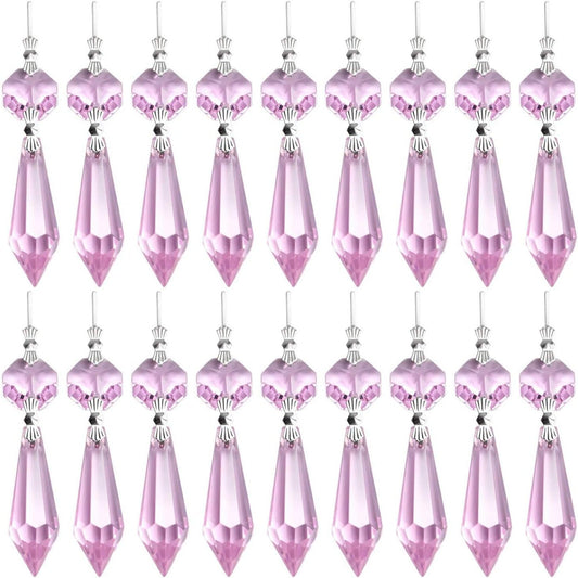 20 Pieces Chandelier Icicle Crystal U-Drop Prisms Lamp Parts Glass Pendants Beads for Wedding, Party or Holiday Decoration, 37mm, Pink