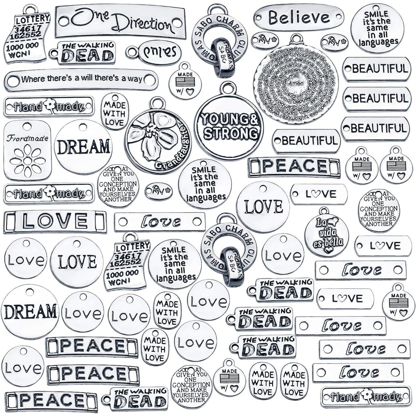 Inspiration Words Charms, 100g (40-60pcs) Mix Lettering Saying Pendants Engraved Motivational Charms Beads for Crafting, Jewelry Findings Making Accessory for DIY Necklace Bracelet