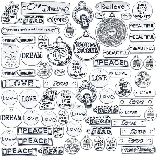Inspiration Words Charms, 100g (40-60pcs) Mix Lettering Saying Pendants Engraved Motivational Charms Beads for Crafting, Jewelry Findings Making Accessory for DIY Necklace Bracelet