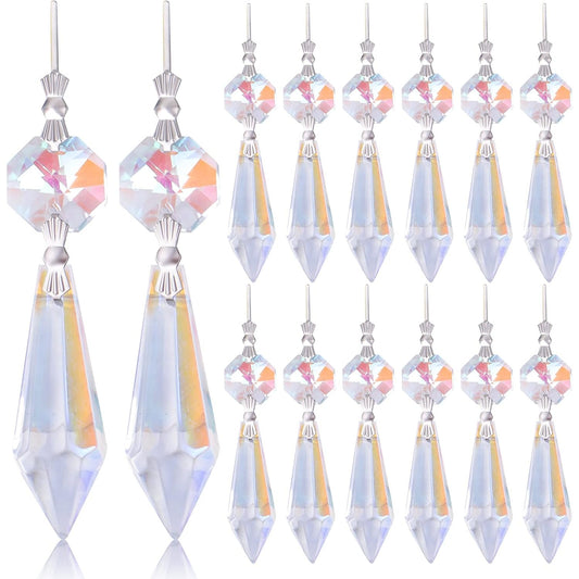 20pcs Crystals Prisms Glass Tip Beads Replacement Chandelier Icicle Drop Pendants Octagon Crystal Beads Metal Connectors for Lamp Decoration Christmas Ornament, AB Color