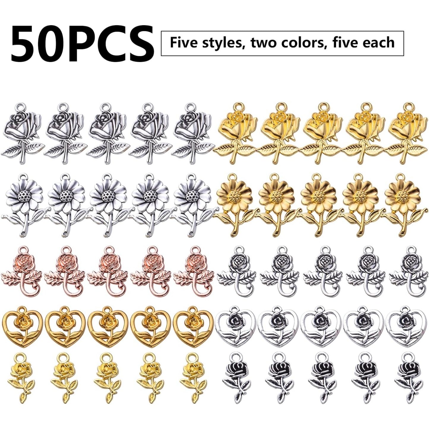 50pcs Flower Charms Pendants Alloy Sunflower Charms Rose Pendants Flower Bead Charm Craft Supplies for DIY Earrings Necklace Bracelet Jewelry Making Accessories, 5 Styles