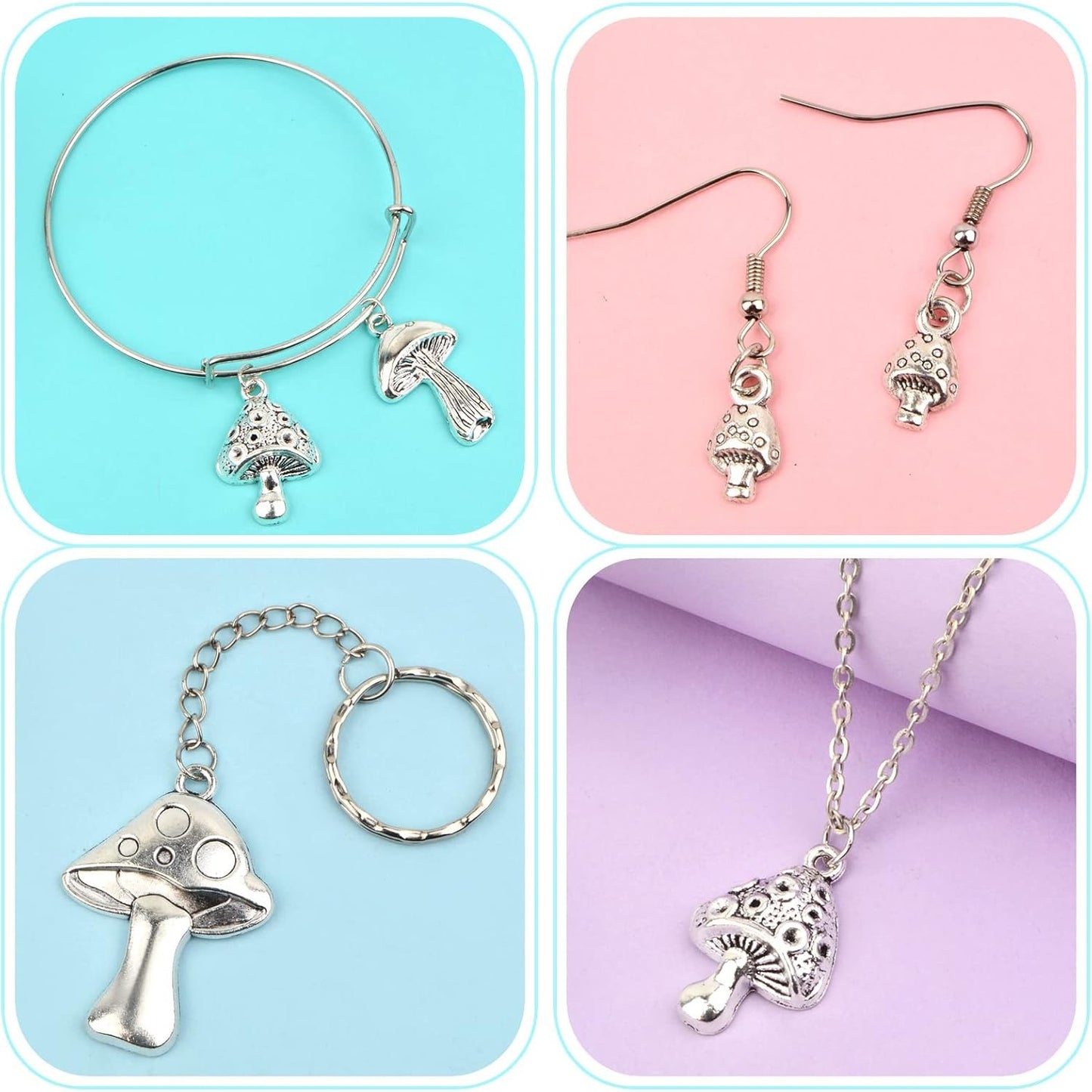 40pcs Antique Silver Mushroom Charms Vintage Alloy Cute Mushroom Dangle Pendants Craft Supplies for DIY Necklace Bracelet Keychain Jewelry Making Findings, 4 Styles