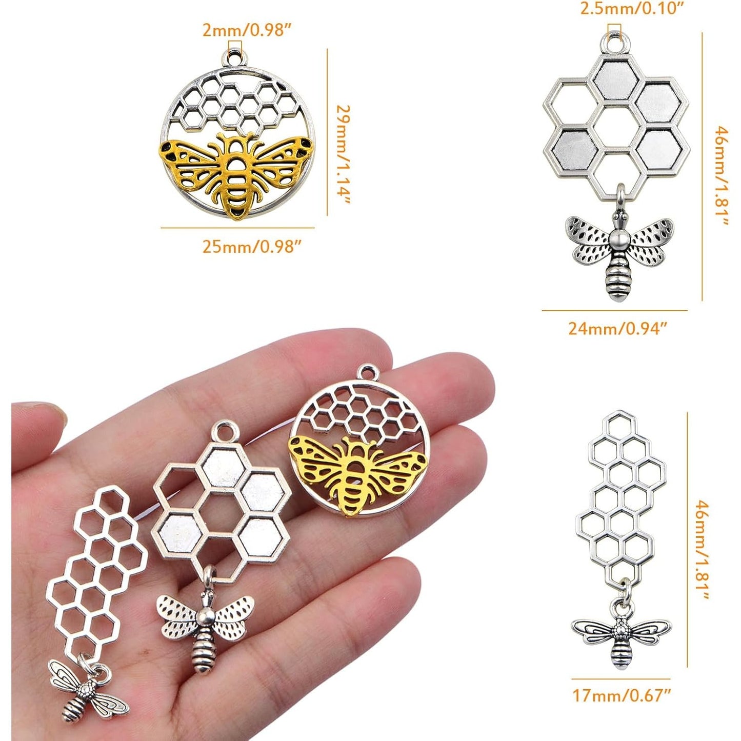 18pcs 3 Styles 3D Honey Comb Bee Charms Antique Silver Alloy Honeybee Honeycomb Pendants Hollow Flying Animal Dangle Charm Embellishments for DIY Bracelet Necklace Jewelry Making