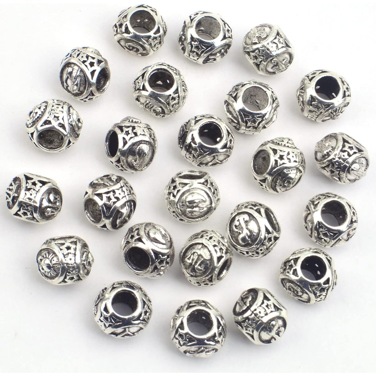 24pcs 12 Constellations Carved Beads Alloy European Large Hole Beads Lucky Charms Zodiac Loose Spacer Beads for DIY Bracelet Crafts Jewelry Making, Antique Silver