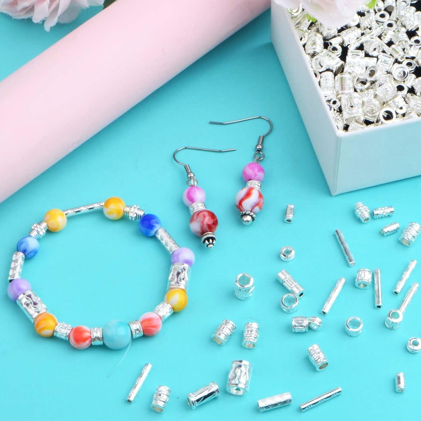 100 Gram Mixed Column Barrel Spacer Beads Vintage Alloy Tube Bar Shape Loose Charm Beads Accessories for DIY Bracelet Necklace Jewelry Making Findings, Bright Silver