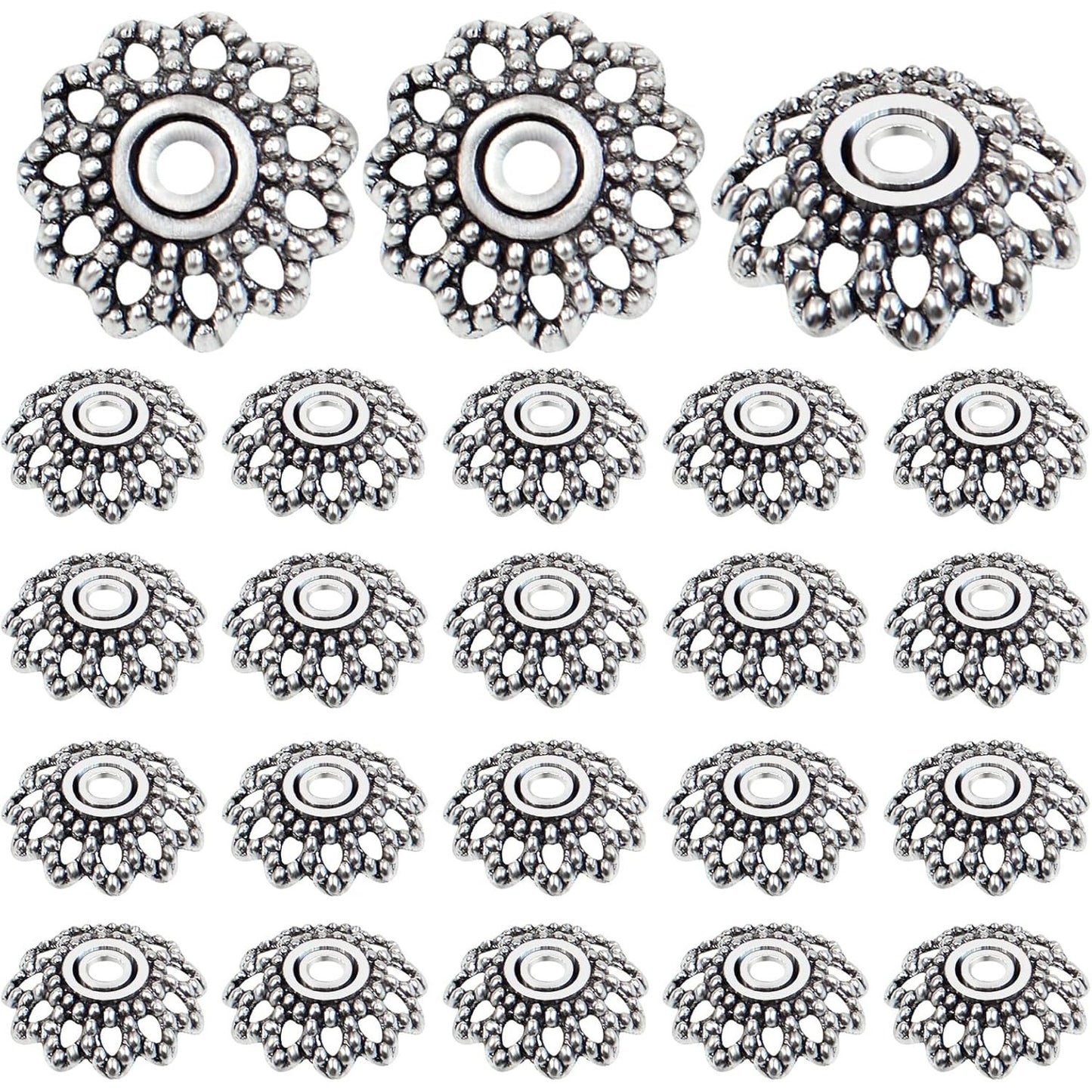 200pcs 12mm Flower Filigree Bead Caps Alloy Spacer Beads Caps Flower End Caps Loose Beads for Bracelet Necklace DIY Jewelry Making Crafts Supplies