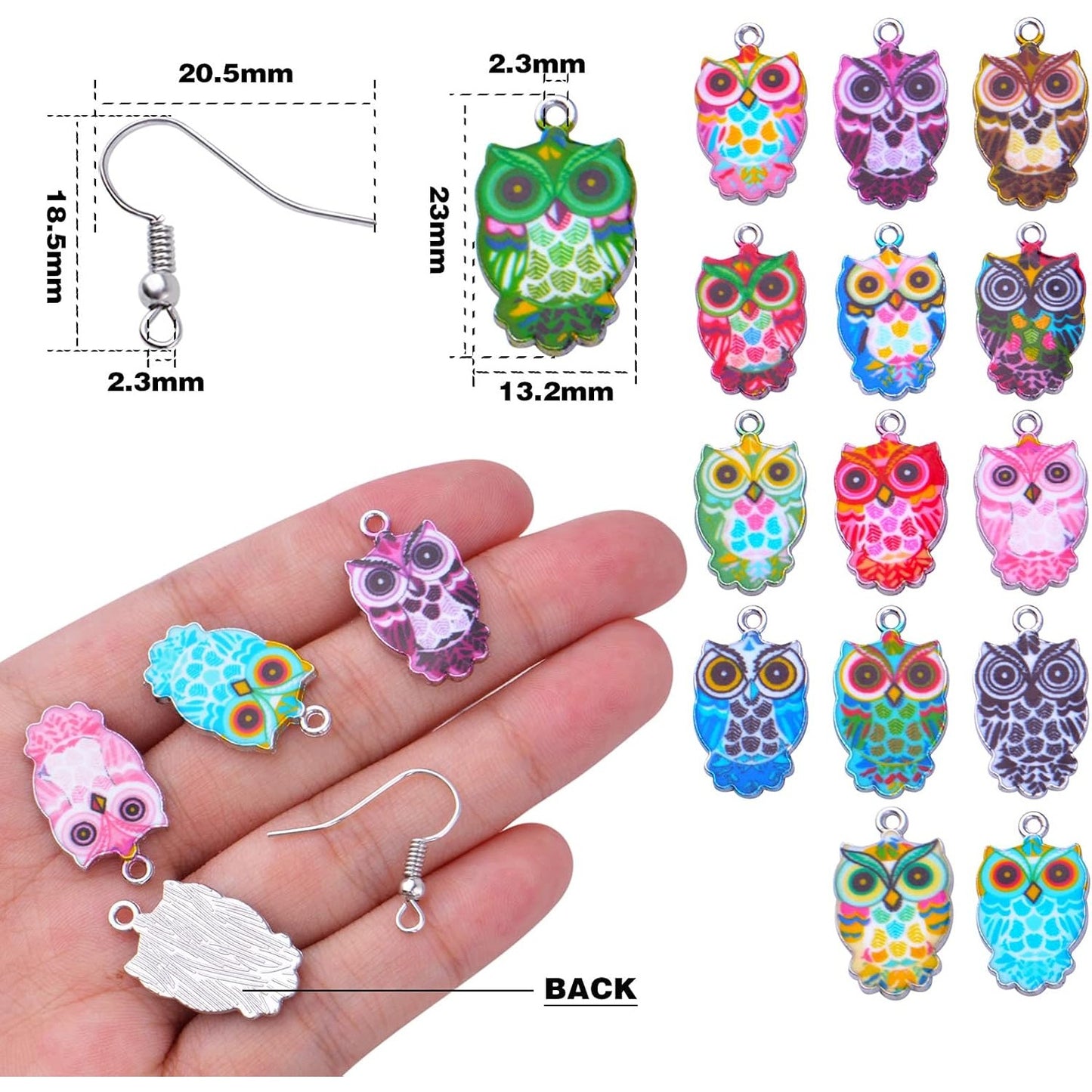 30pcs 15 Styles Colorful Owl Enamel Charms Pendants Halloween Animal Owl Dangle Charms with 30pcs Silver French Ear Wires Earring Hooks for DIY Jewelry Making Accessories