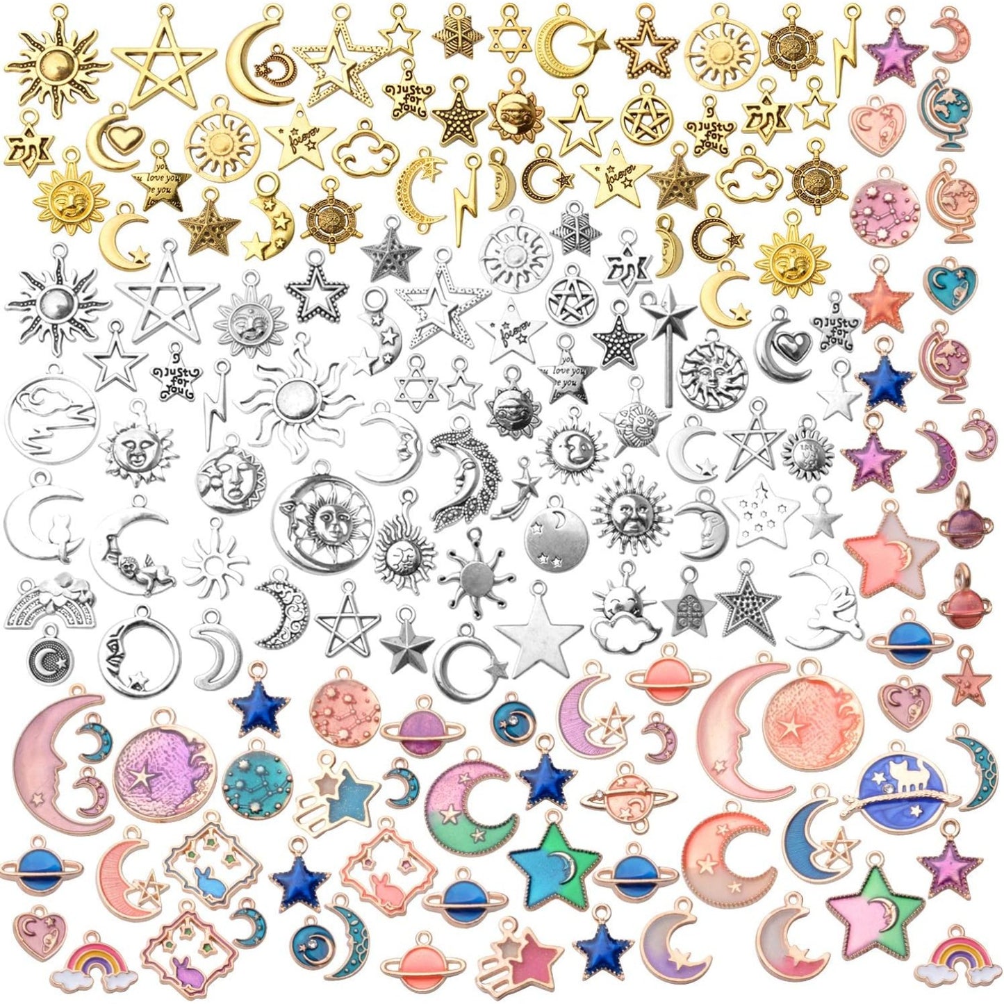 170pcs Jewelry Celestial Charm Pendants, Assorted Gold Plated Enamel Moon Star Charms, Mixed Styles Alloy Sun Moon Star Charms Pendants DIY for Bracelet Necklace Earring Jewelry Making and Crafting