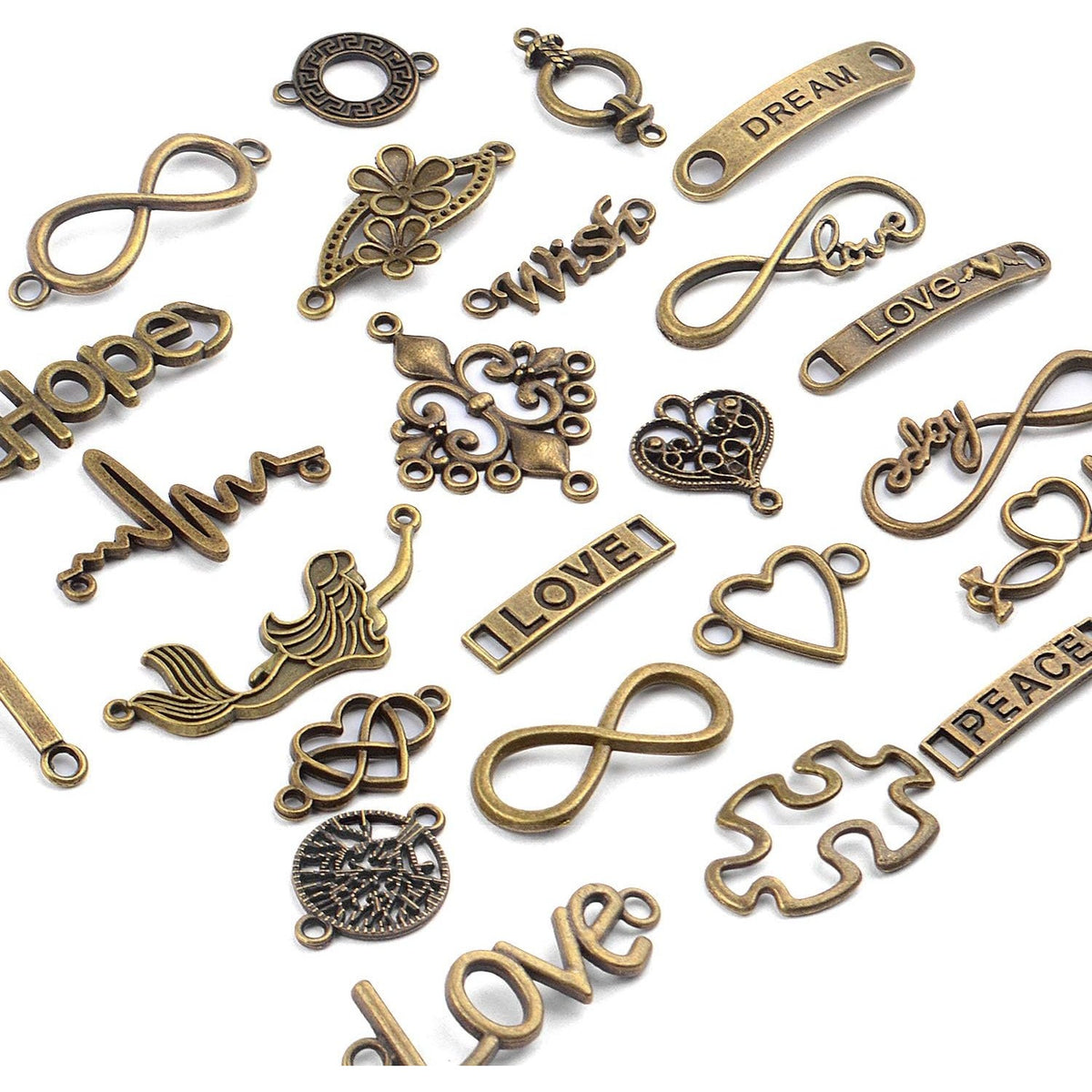 Words Connector Charms, 50 Pieces Mixed Word Letter Connector Pendant Infinity Symbol Link Charms for DIY Necklace Bracelet Jewelry Making - Antique Bronze